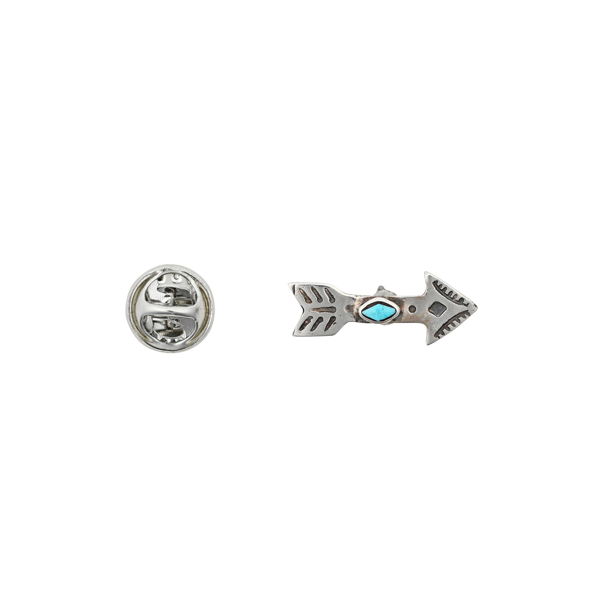 The Scout's Honor Hat Tack features a Sterling Silver arrow and a Blue Turquoise stone at its center. The stamp work adds depth and movement to the piece.