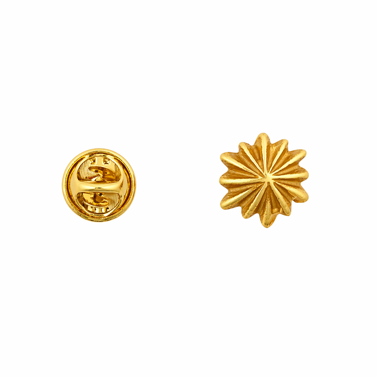 Gold plated circular star shaped pin with textured detail next to pin back.