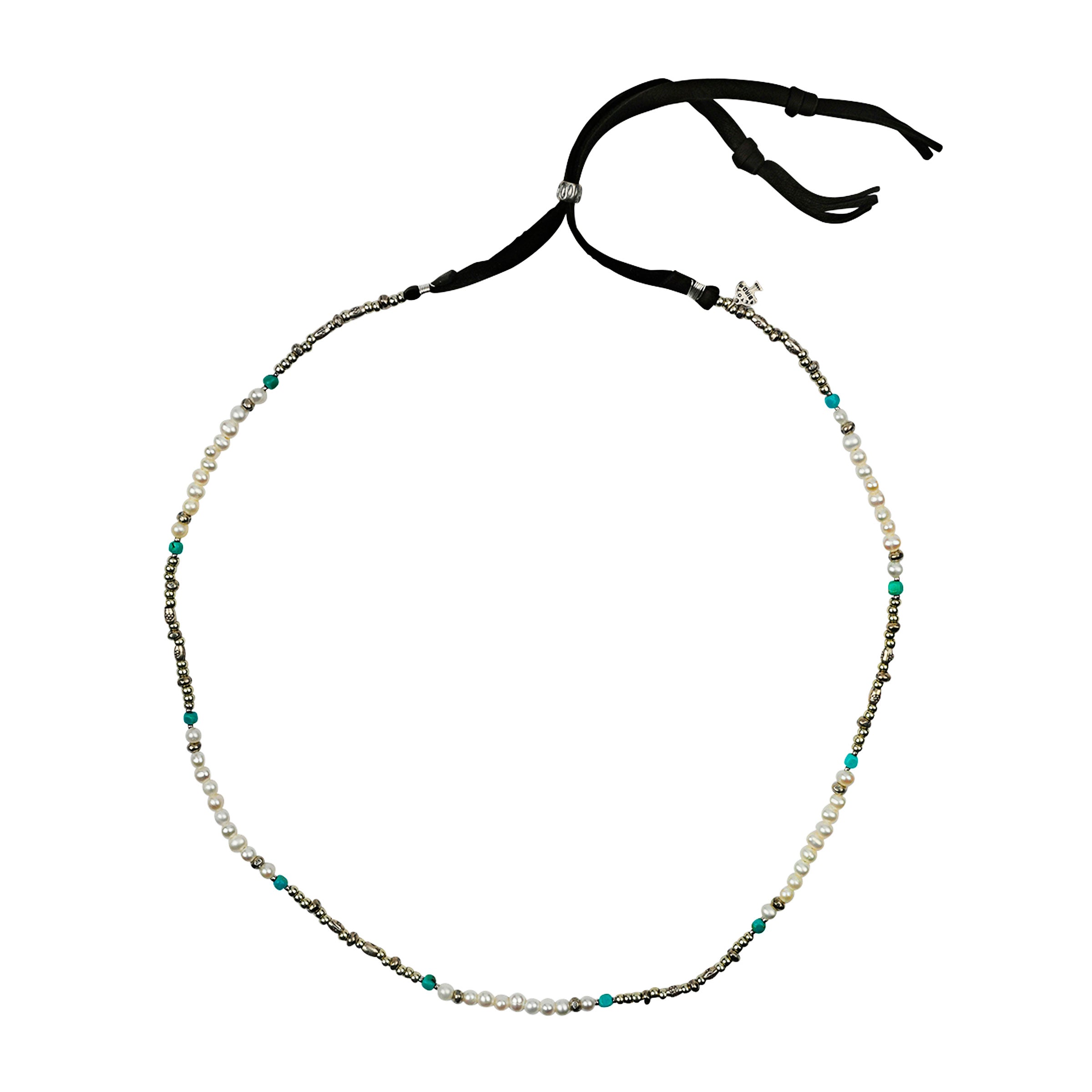 White pearl, turquoise, and silver beads on with brown deerskin leather and slider bead closure hatband.