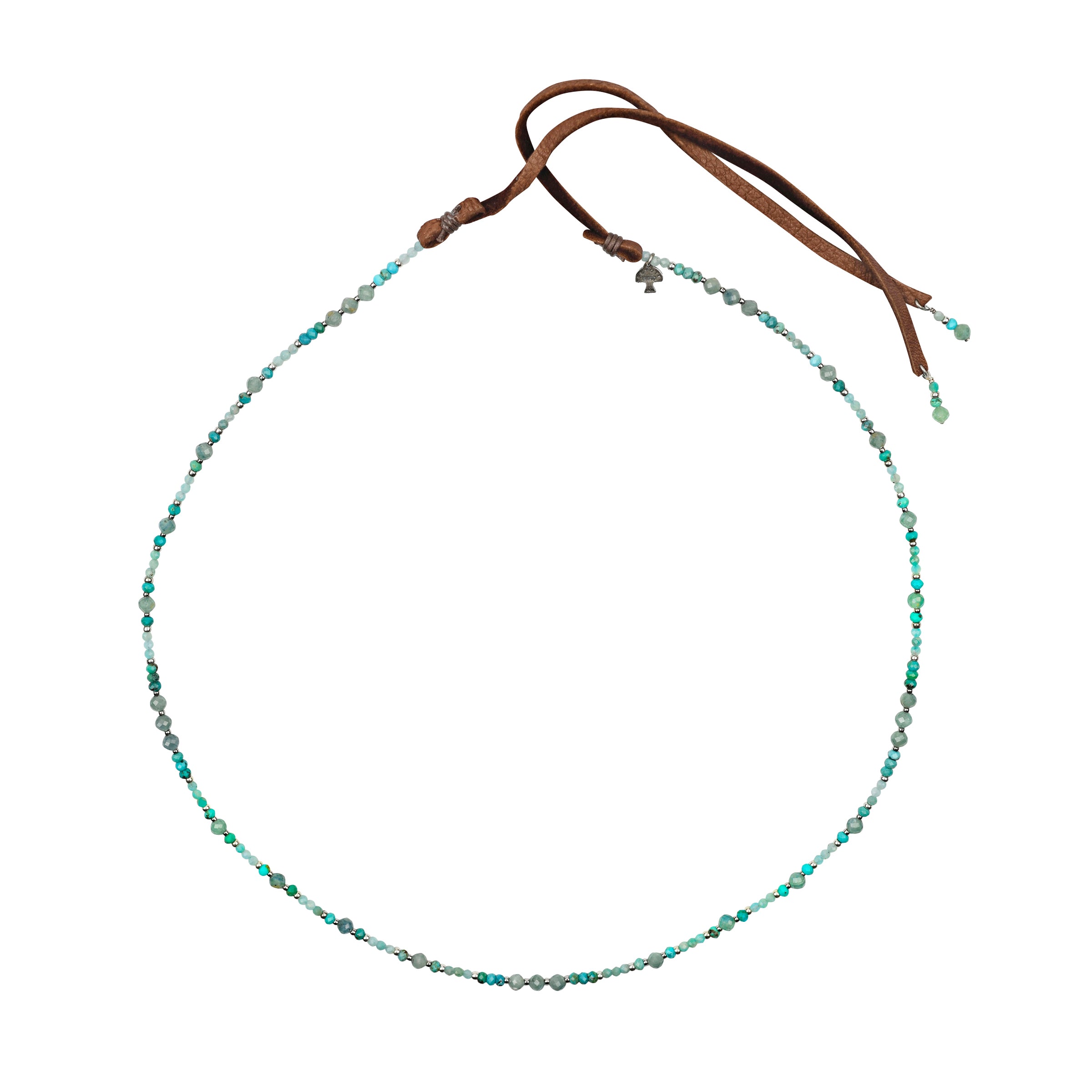 Light Blue toned beaded hatband with turquoise, amazonite, kyanite and accents with deerskin leather ties and charms at end of leather with peyote bird hangtag