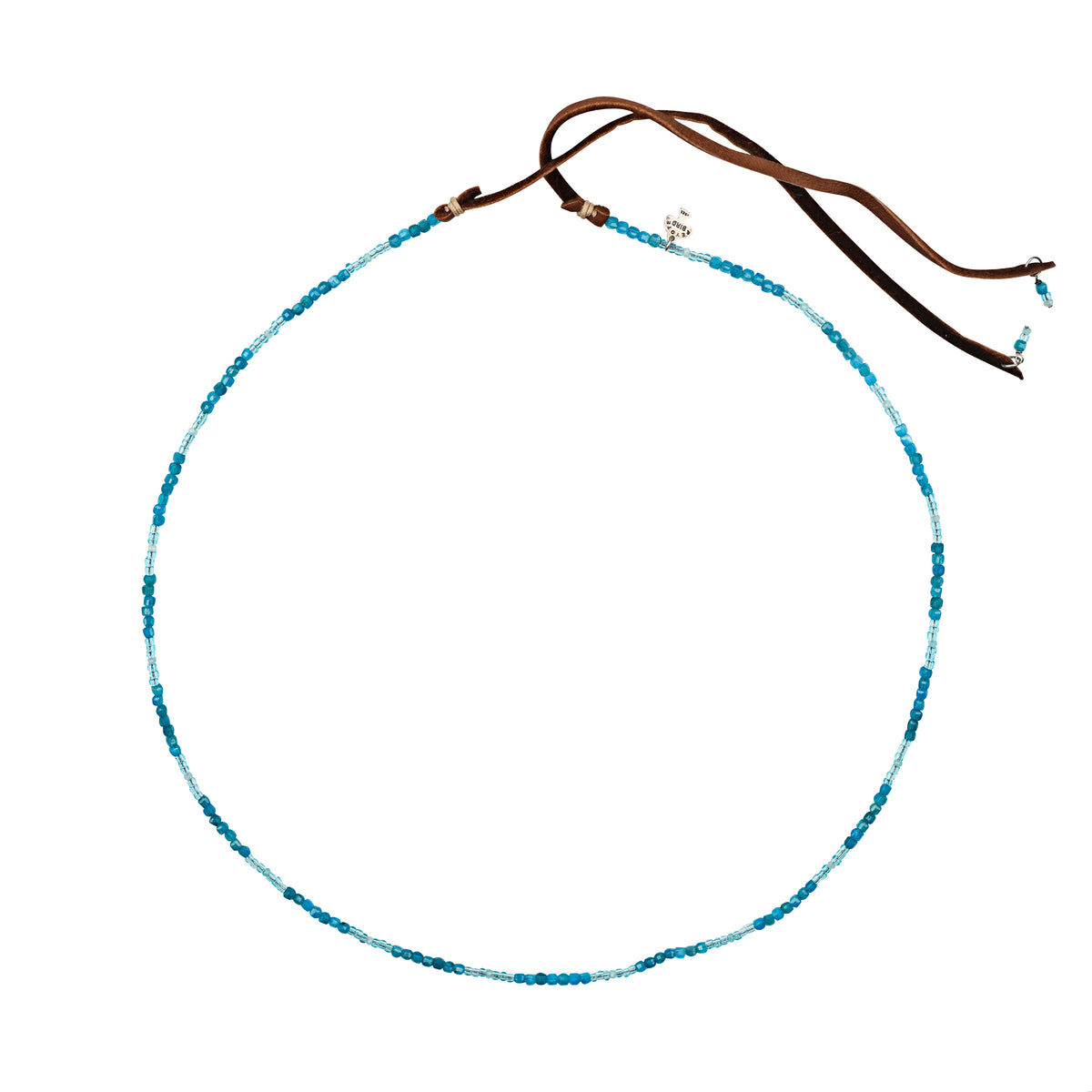 Blue toned beaded hatband apatite and amazonite accents with deerskin leather ties and charms at end of leather with peyote bird hangtag