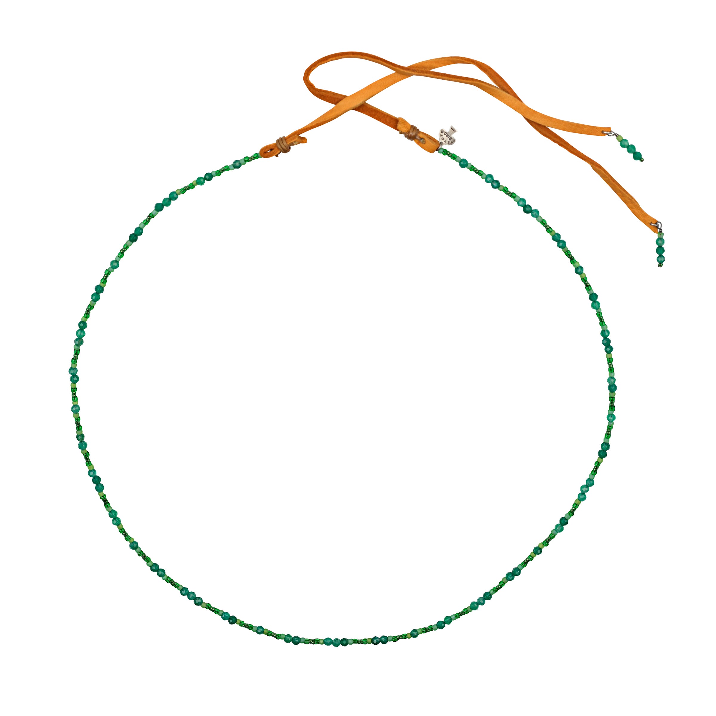 Green toned beaded hatband with emerald bead accents with deerskin leather ties and charms at end of leather with peyote bird hangtag