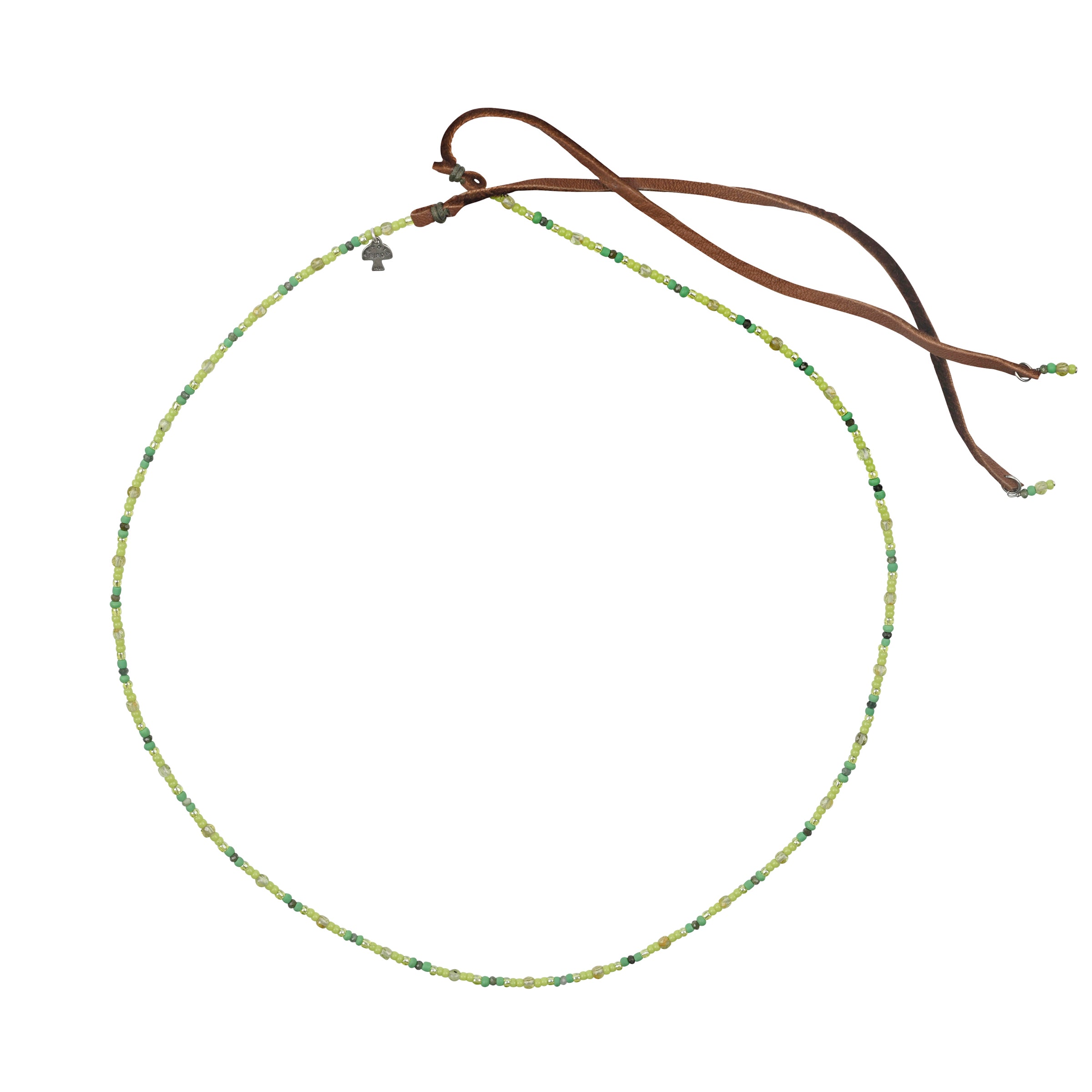 Green toned beaded hatband with deerskin leather ties and charms at end of leather with peyote bird hangtag