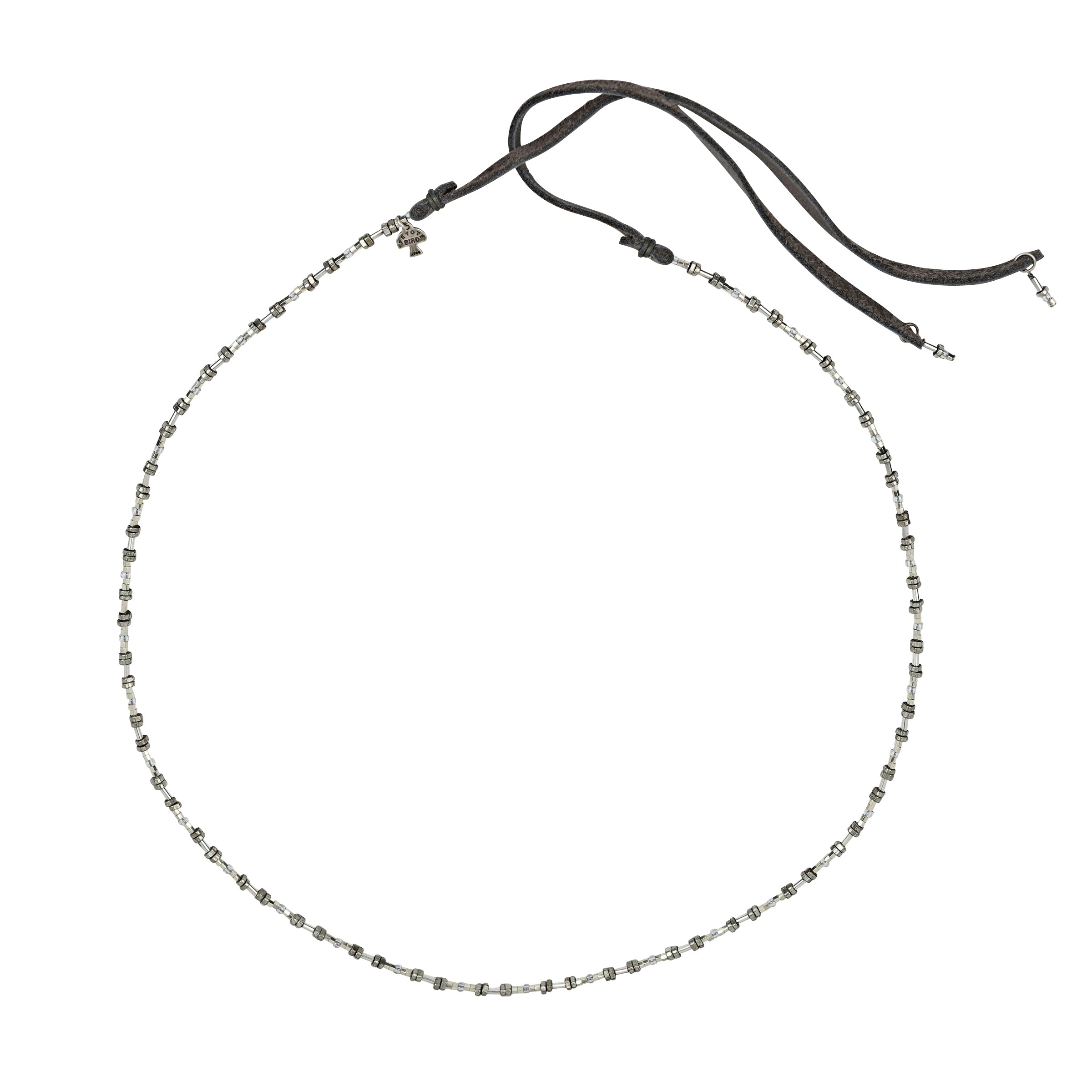 Silver and glass seed beads mixed together in this beaded hatband with deerskin leather ties and charms at end of leather with peyote bird hangtag