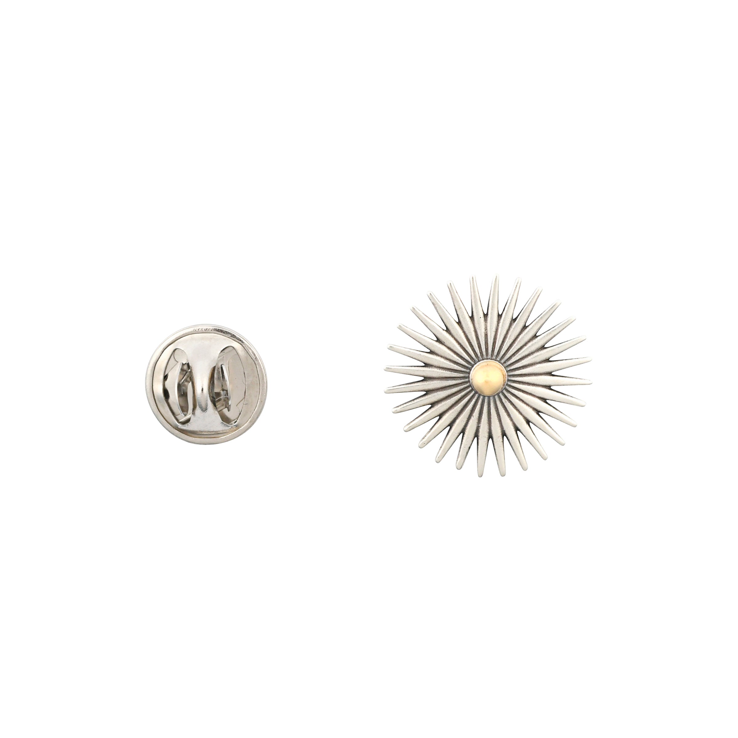 Sterling silver and gold hat pin in the shape of a spur or sun.