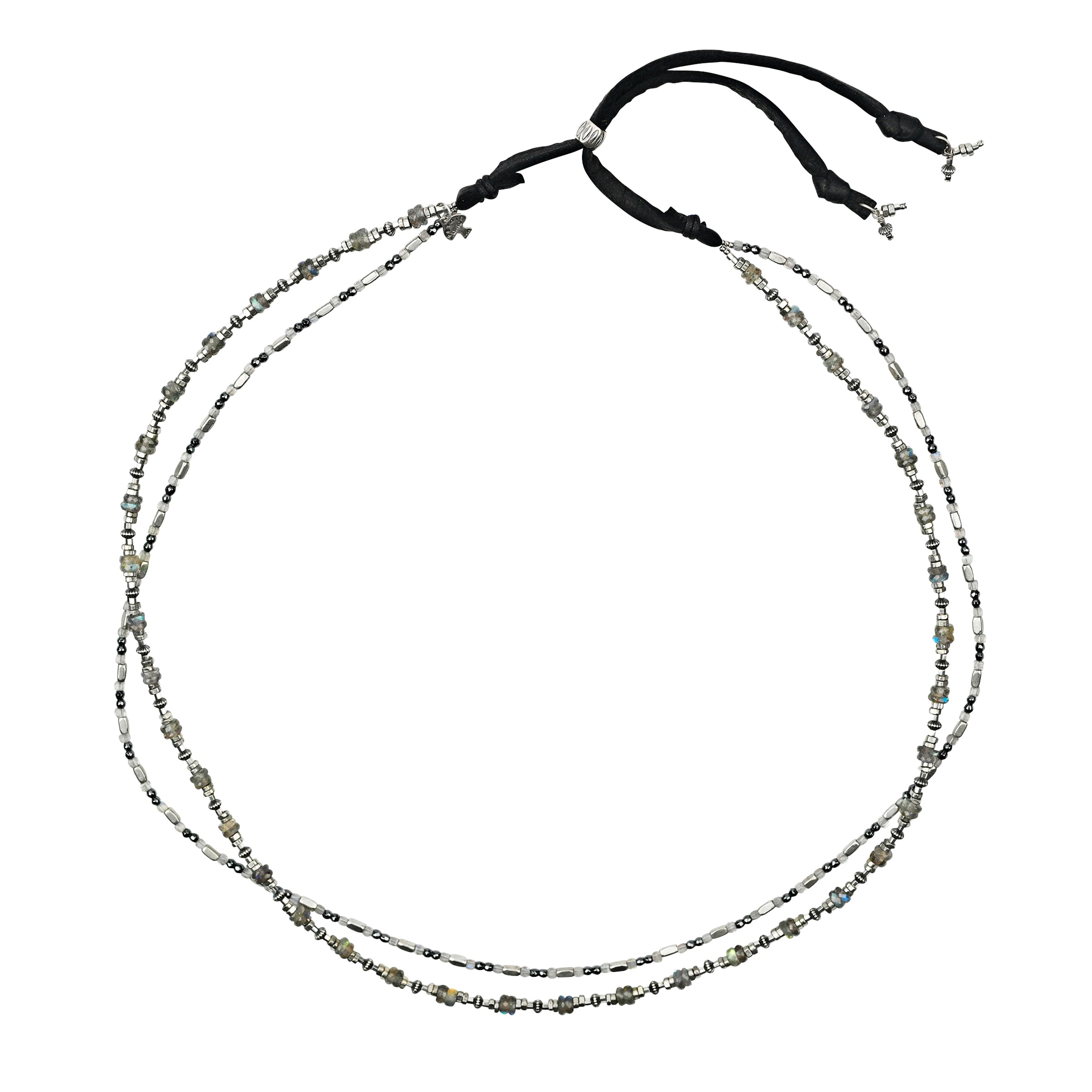 Two strand hatband with sterling silver, labradorite, hematite, and glass seed beads mixed together and deerskin leather slider bead closure.