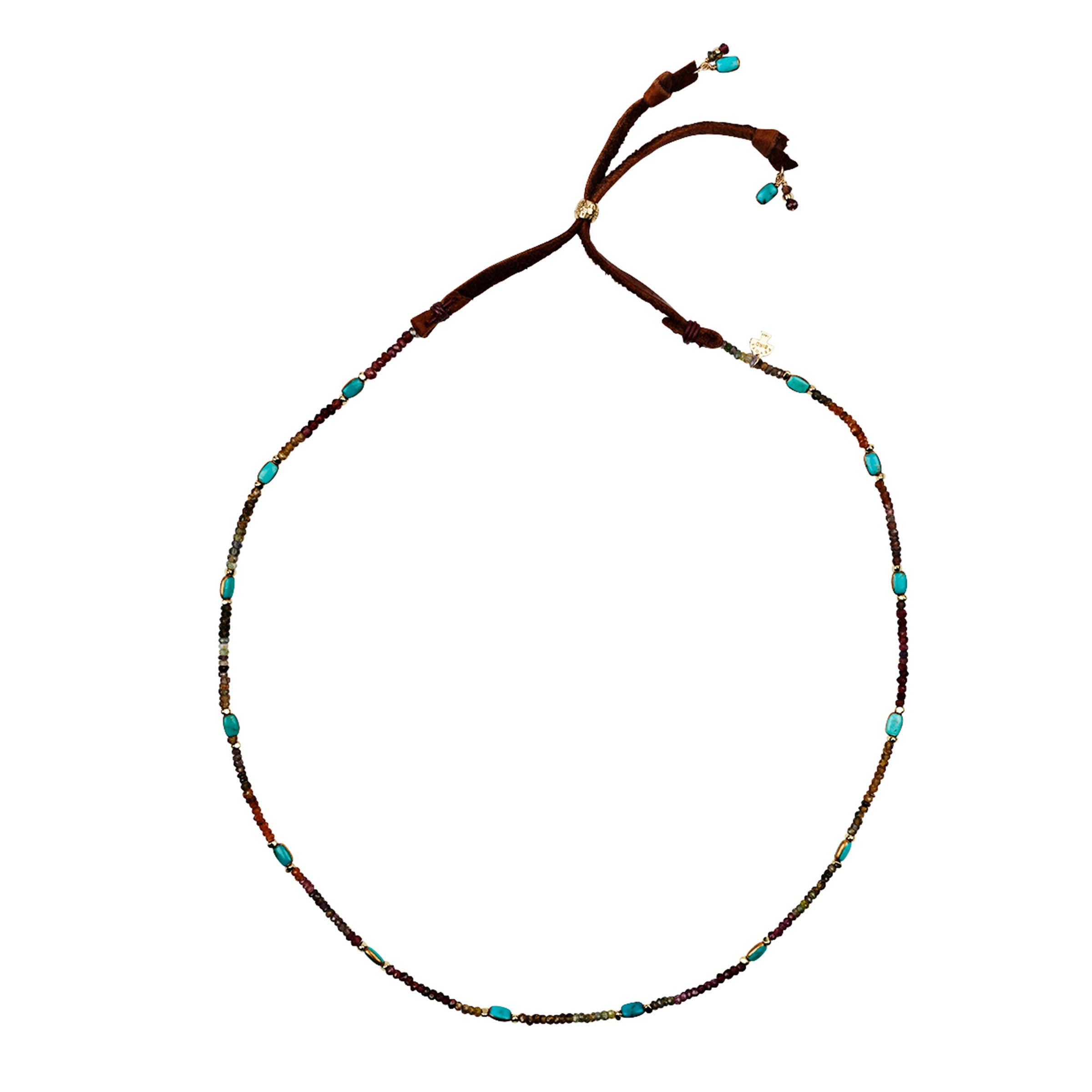 Sapphire and turquoise mix beaded hatband with leather slider bead closure and turquoise and sapphire charms.