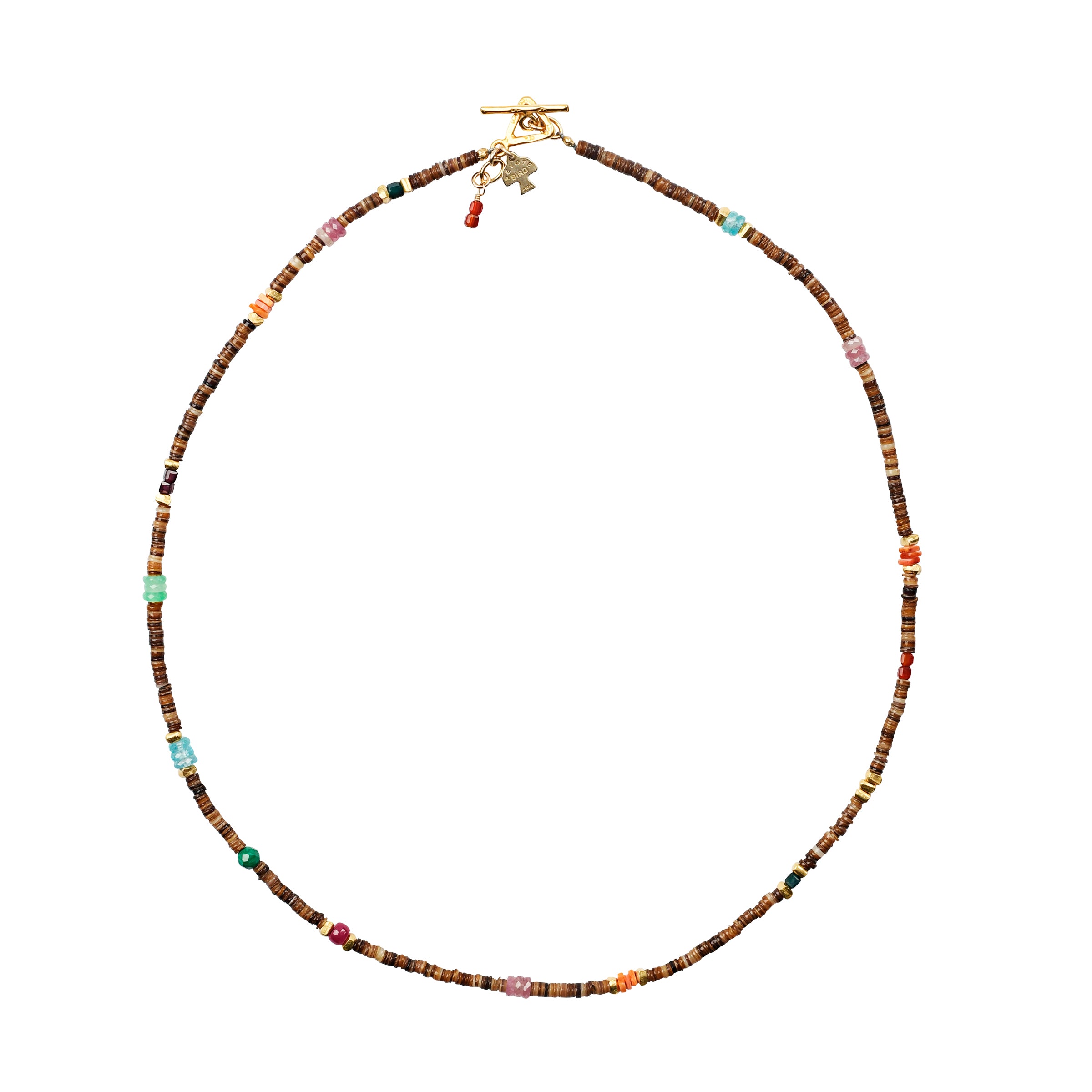Peyote Bird original beaded necklace with brown shell and colorful beads with 14k gold plated closure