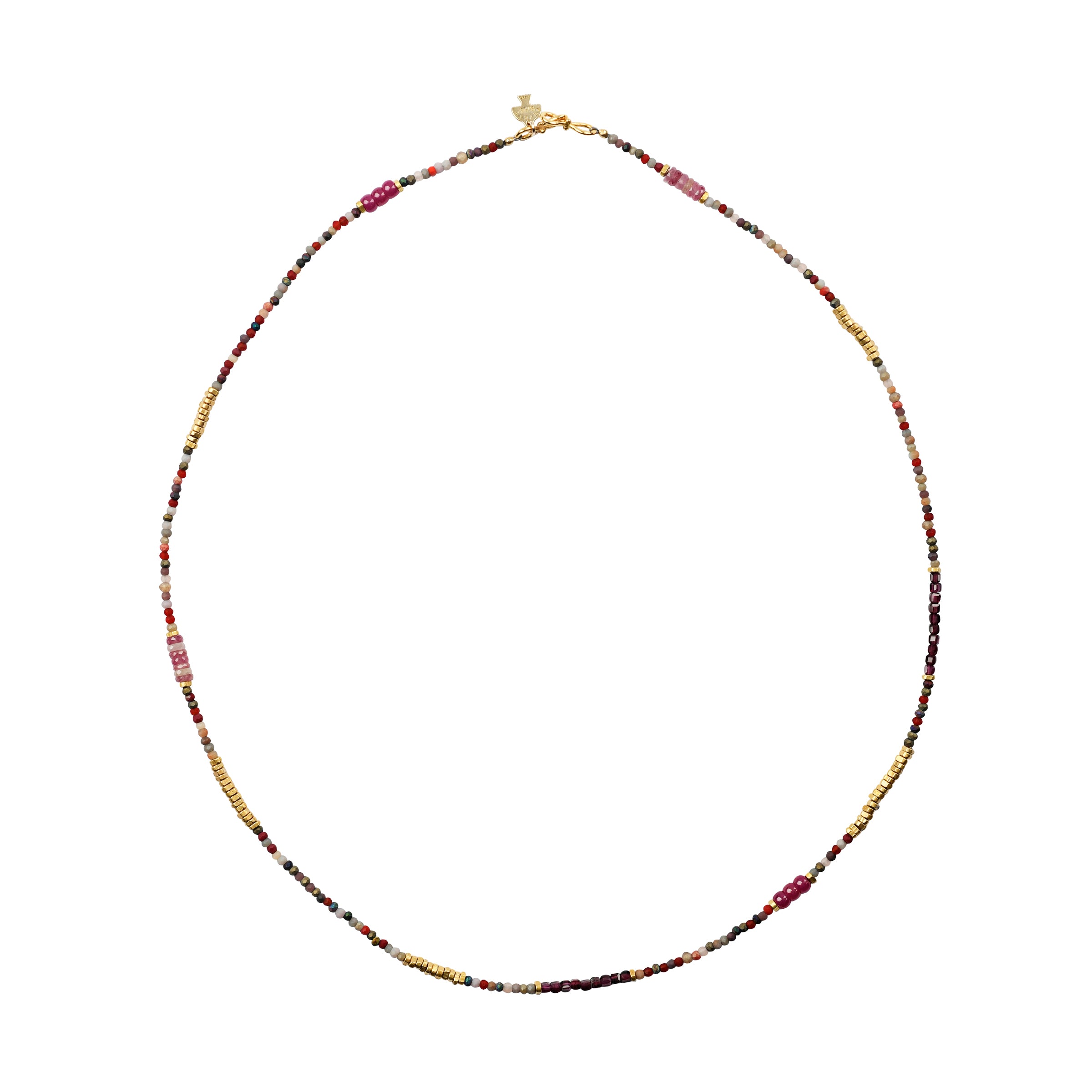 Glowline Necklace - Beads of Garnet, Ruby, Pink Sapphire, Opal & 14K Gold Plate by Peyote Bird