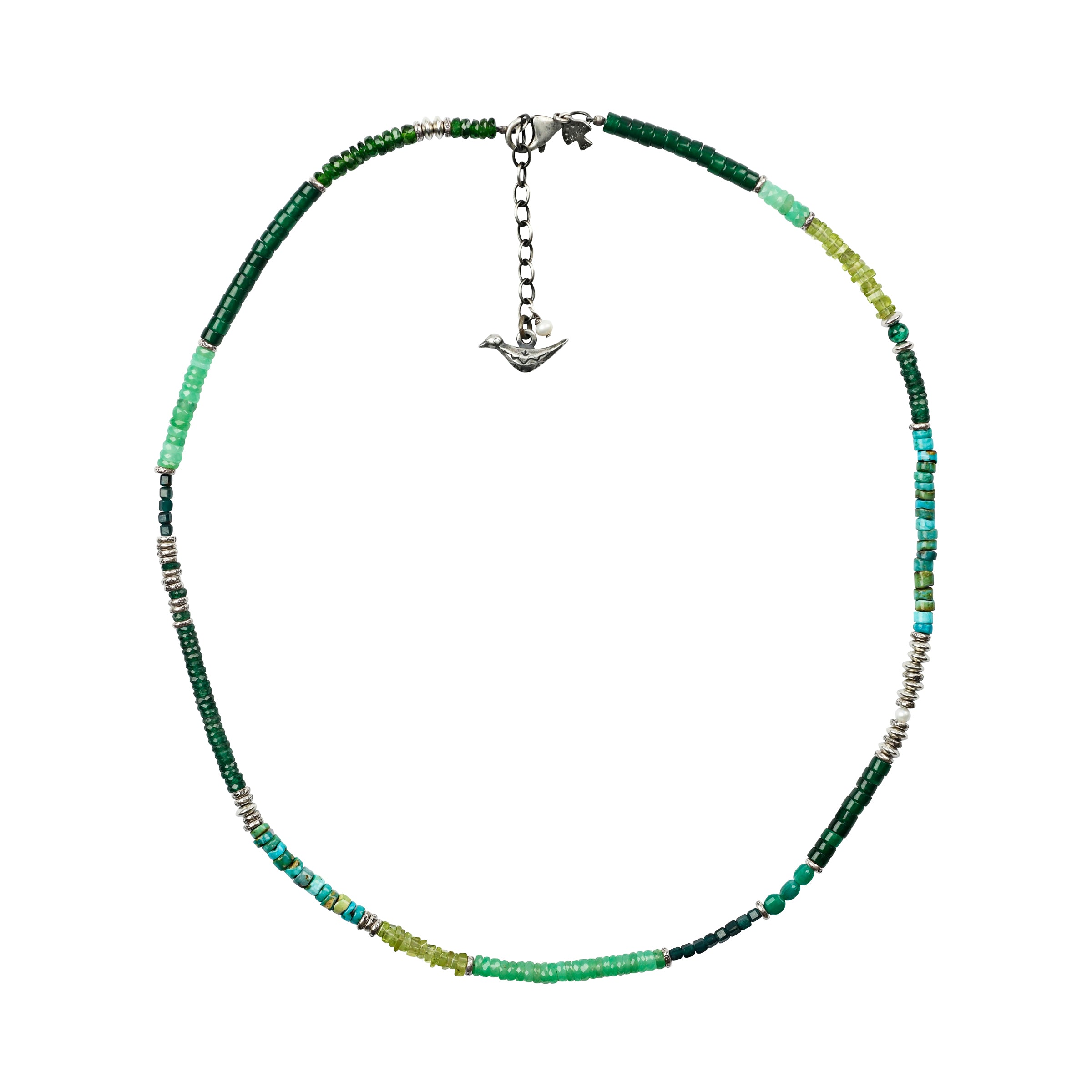 Sterling silver lobster claw and extender chain with bird detail on end hang off of this beaded green tones gemstone necklace with silver beads throughout.