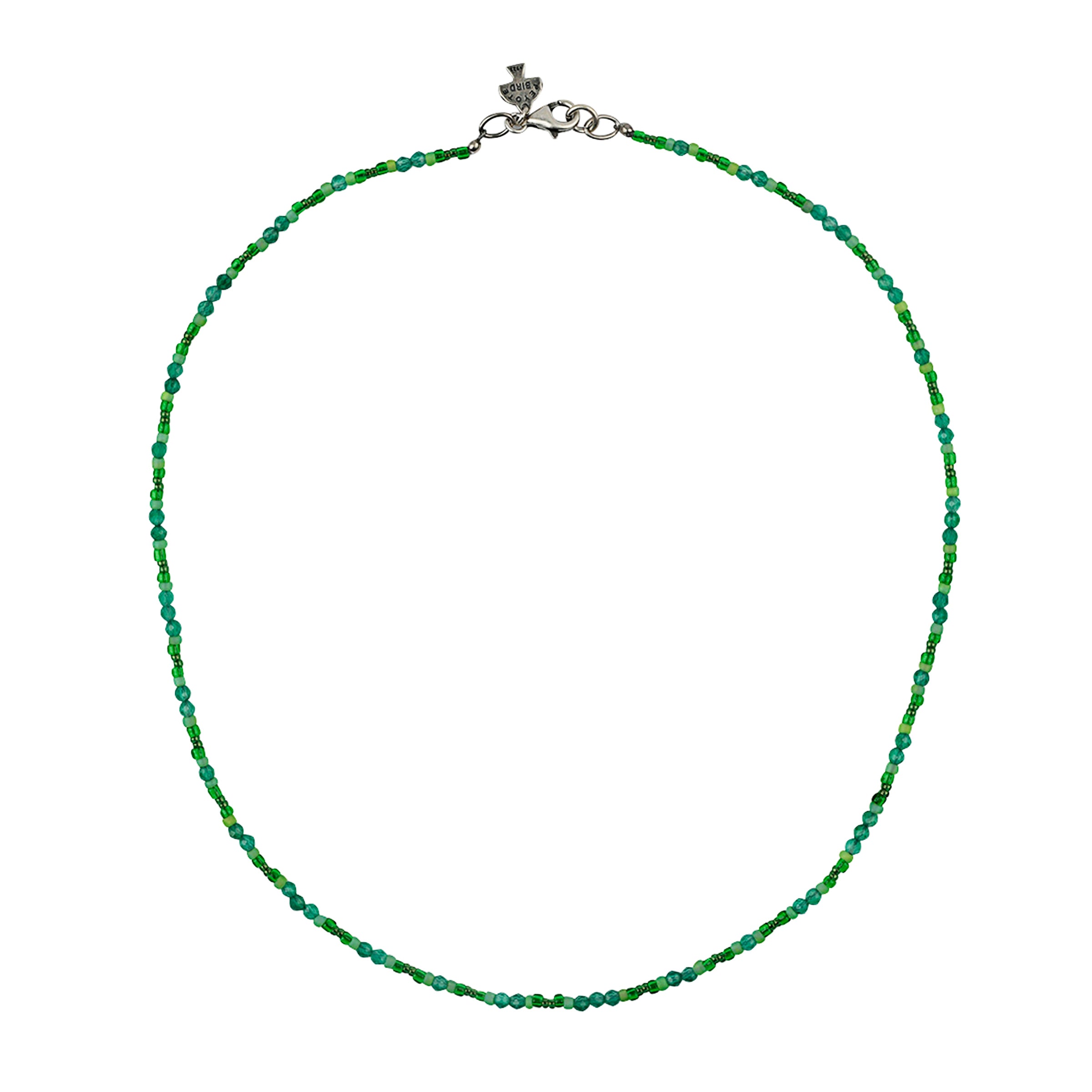 Beaded necklace in green hues with sterling silver lobster claw clasp.