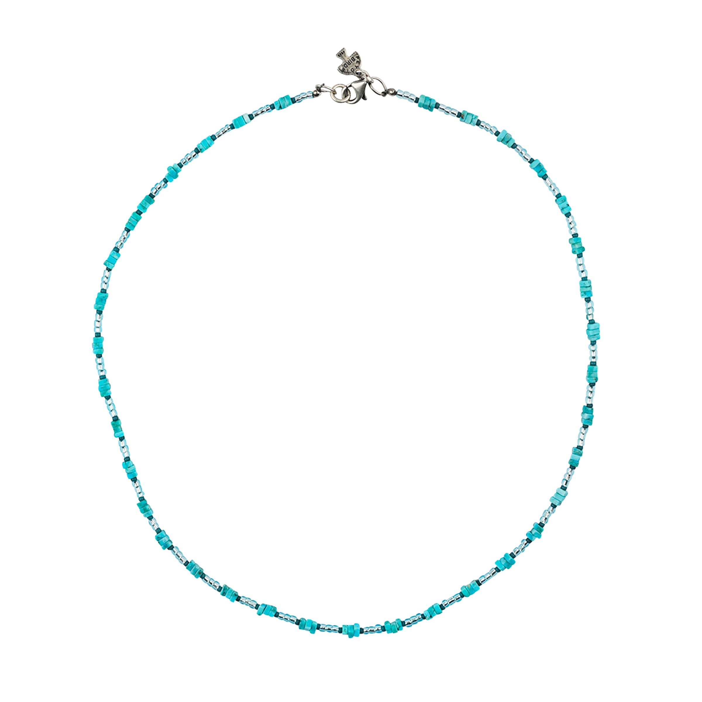 Blue and turquoise tone beaded neckalce with sterling silver lobster claw clasp.