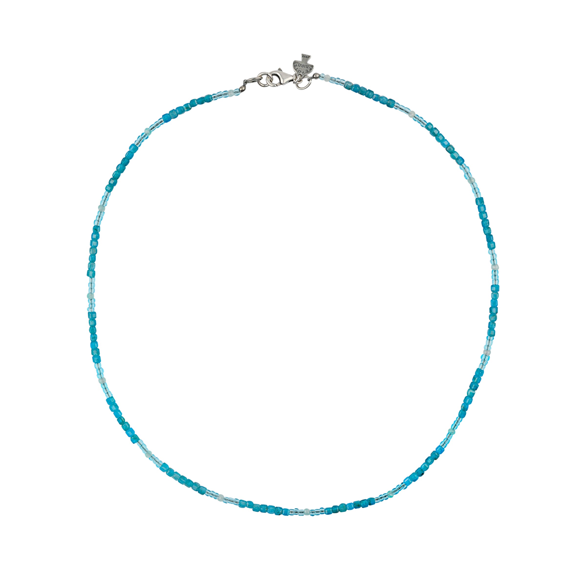 Beaded necklace in blue hues with sterling silver lobster claw clasp.