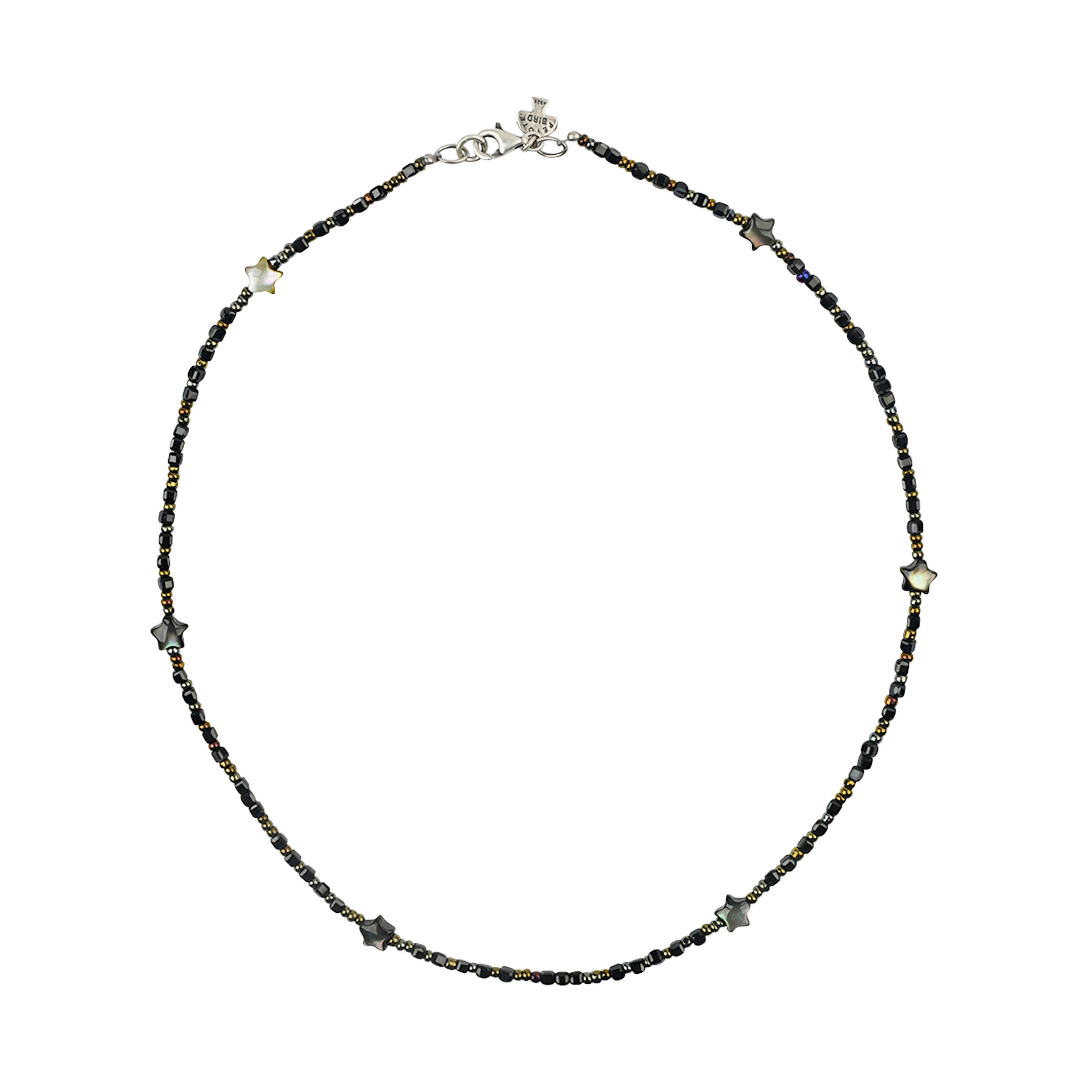 Beaded necklace in black tones with star beads throughout and sterling silver lobster claw clasp.