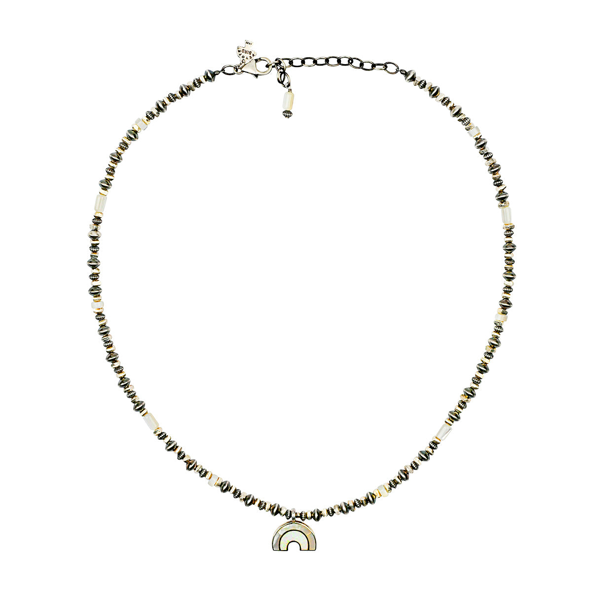 Sterling silver beaded necklace with Mother of Pearl and Rainbow charm with White Opal.