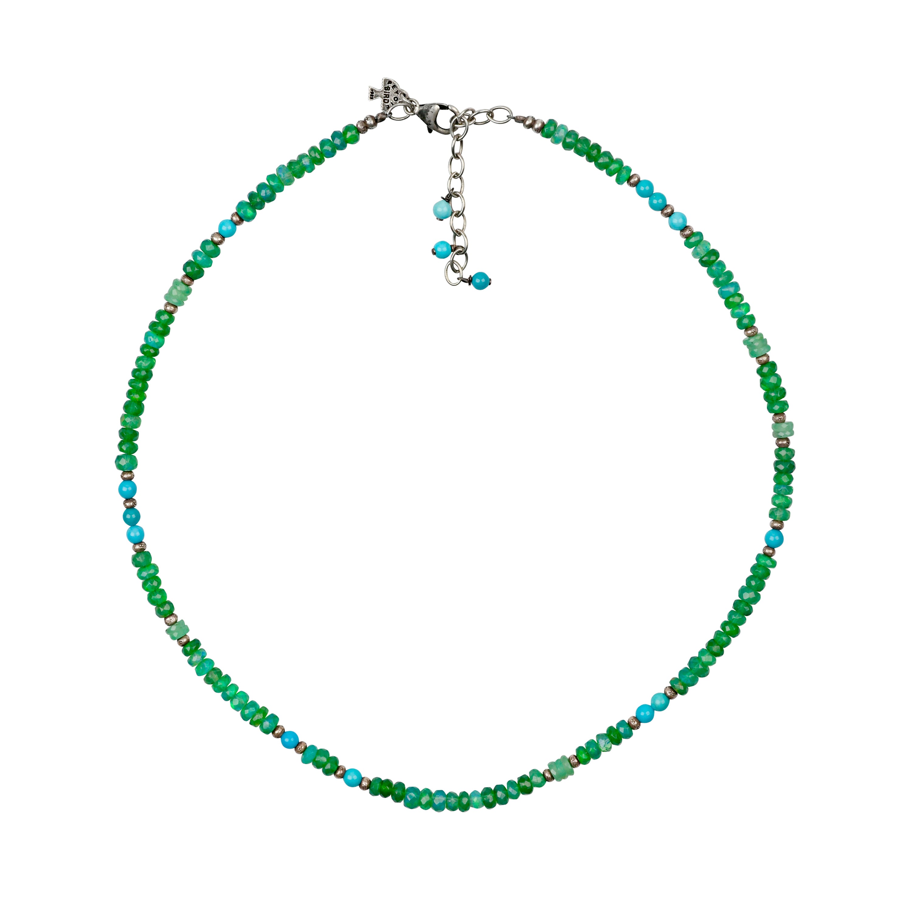 Opal, turquoise and chrysoprase necklace with extender chain.
