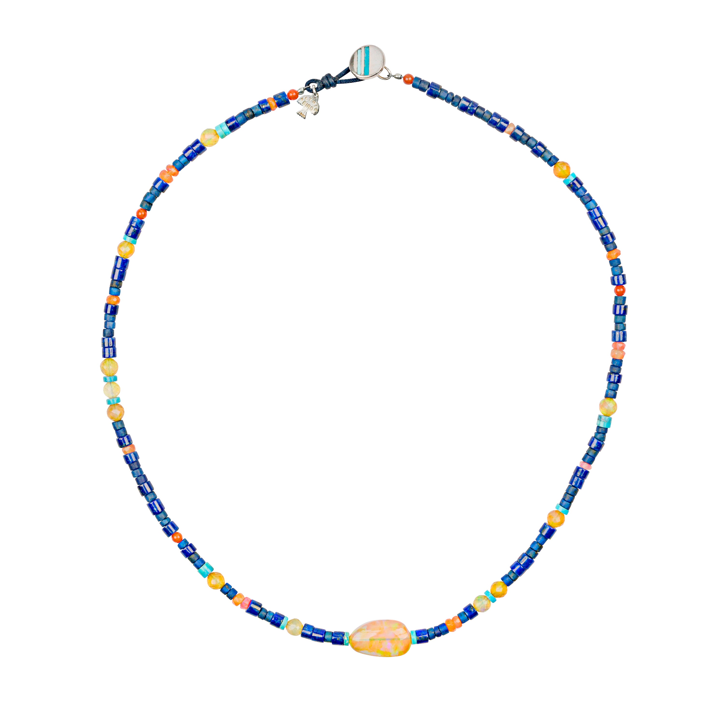 This necklace of blue lapis, Ethiopian opals in many colors and classic light turquoise can be worn alone as a statement or altered.
