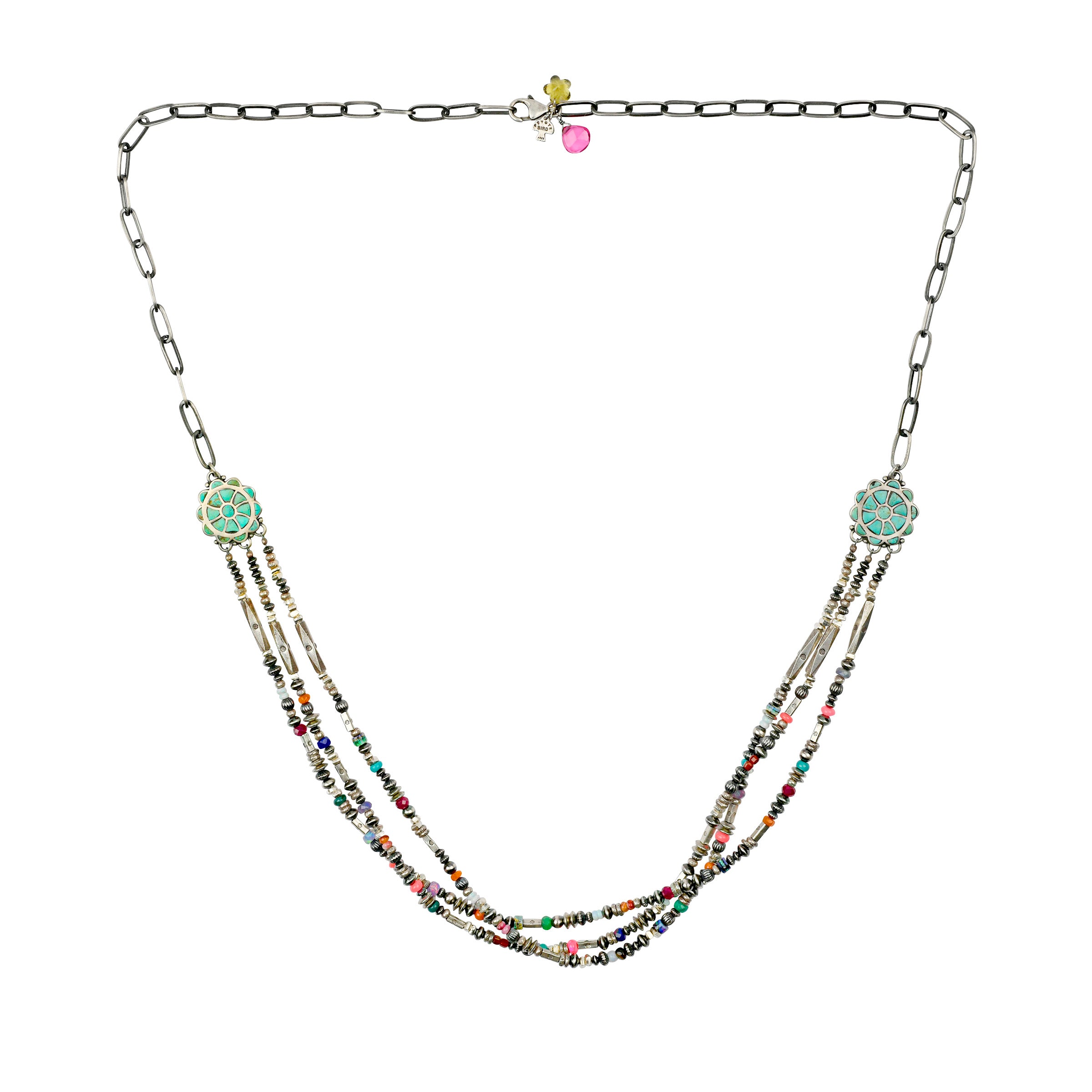 Sterling Silver chain with classic turquoise inlay side terminals lay the foundation for a multi-strand of opals and sterling silver beads.