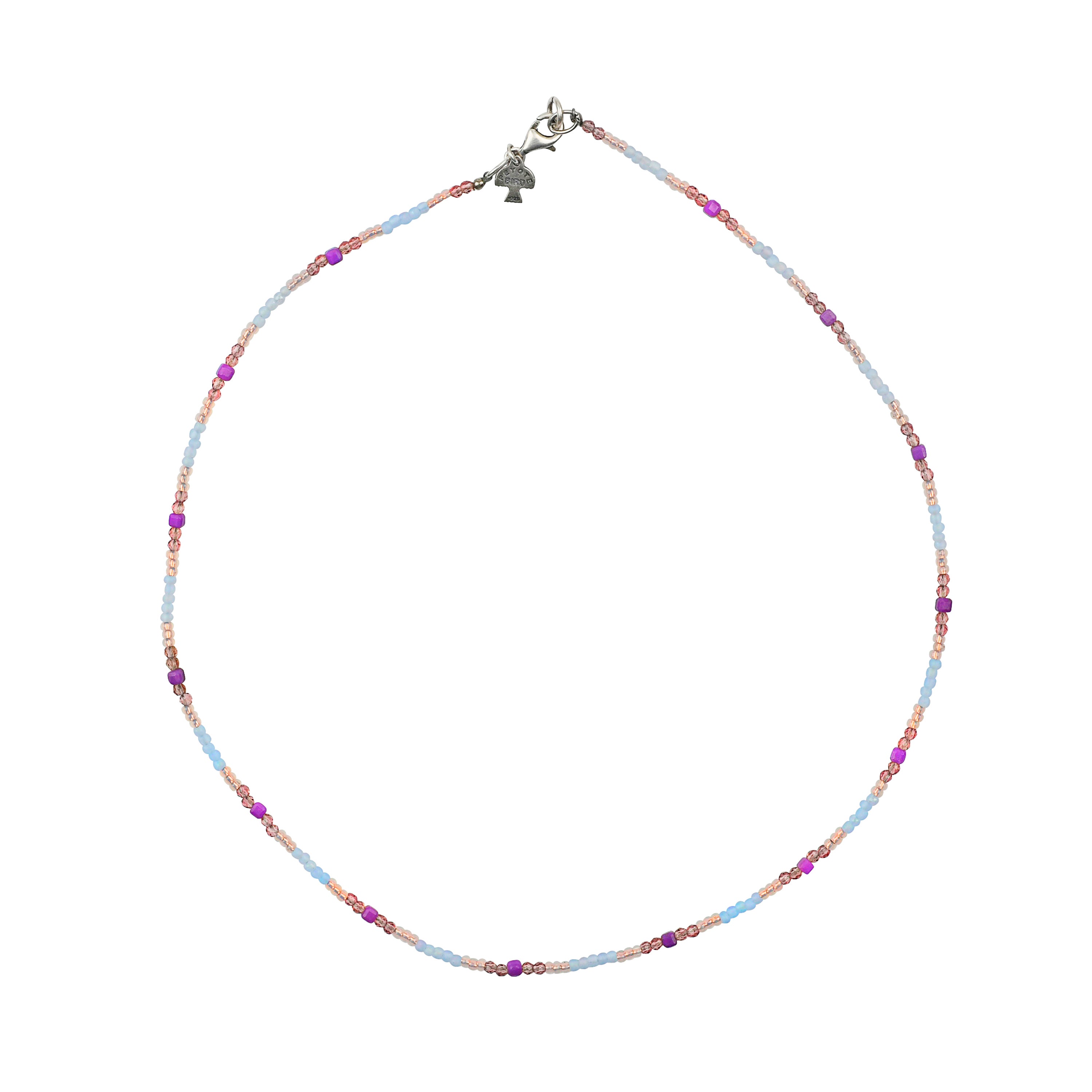 Beaded necklace in pink, violet, purples and blue hues with sterling silver lobster claw clasp.
