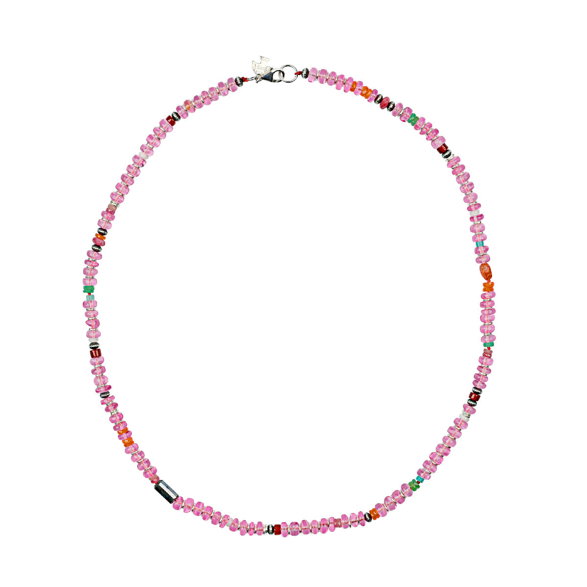 Pink Sapphire and multiple semi-precious stones hand beaded on this necklace with sterling silver lobster claw closure