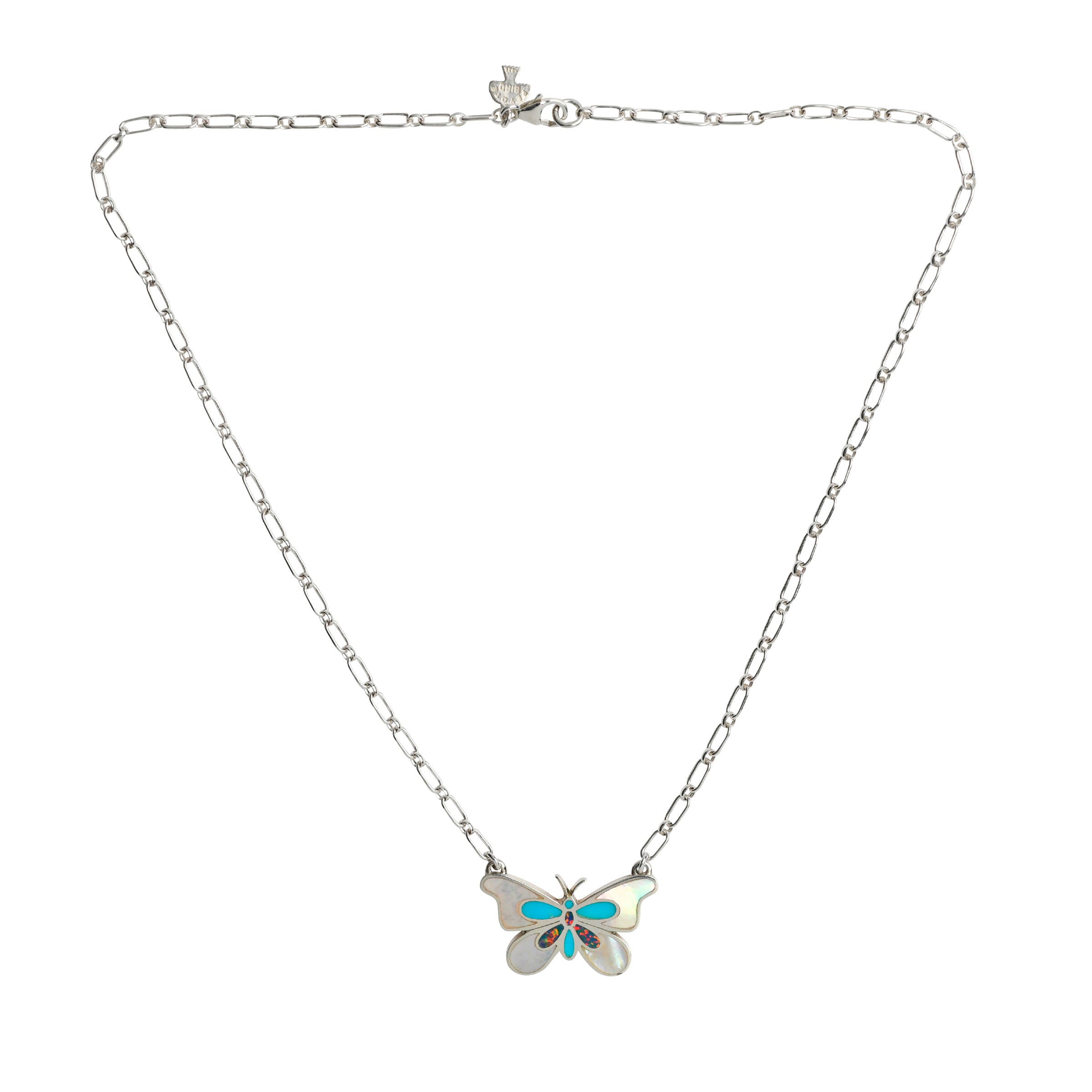 Sterling silver chain necklace with butterfly pendant. Featuring inlay of blue turquoise, dark opal, and mother of pearl.