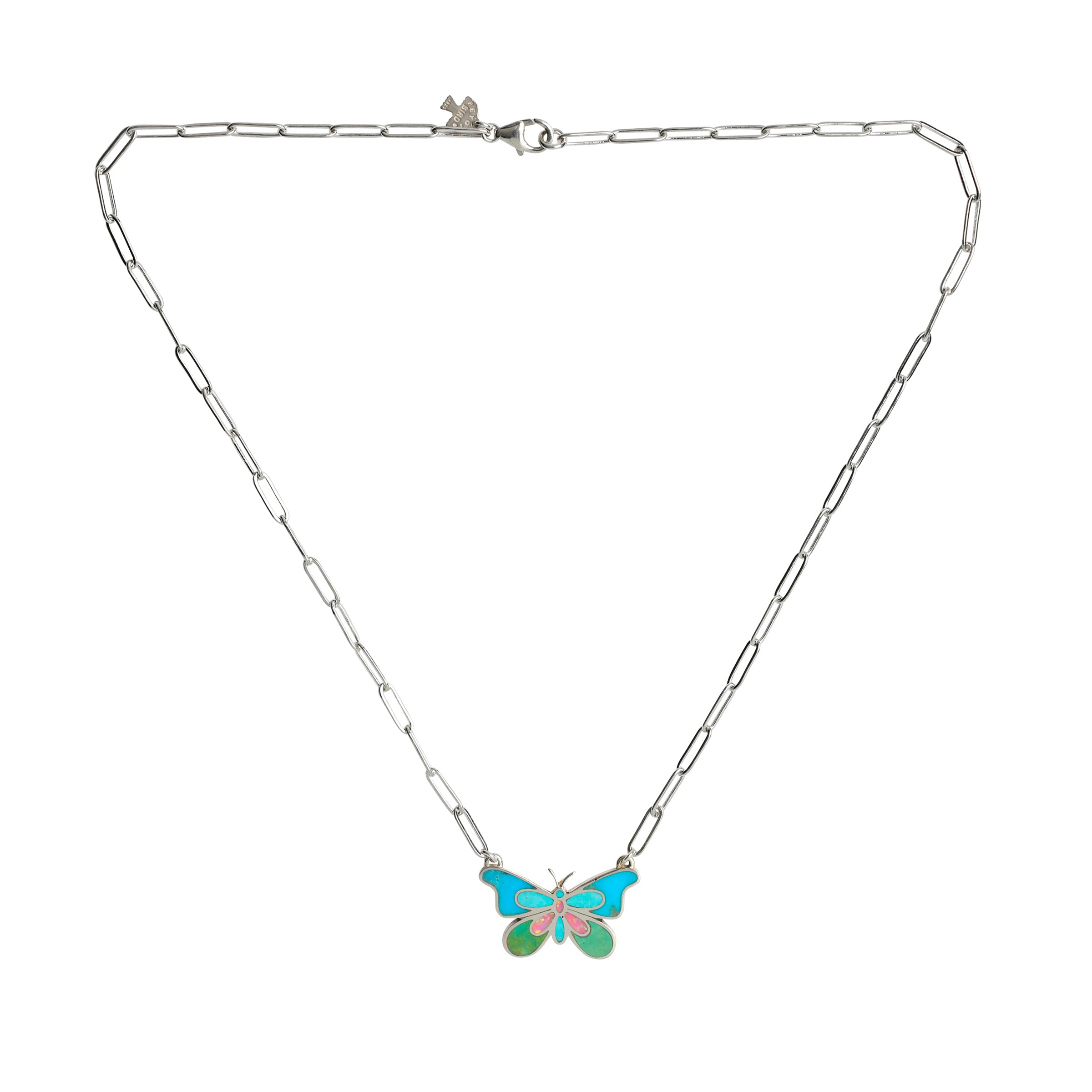 Sterling silver chain necklace with butterfly pendant. Featuring inlay of blue & green turquoise and pink opal.