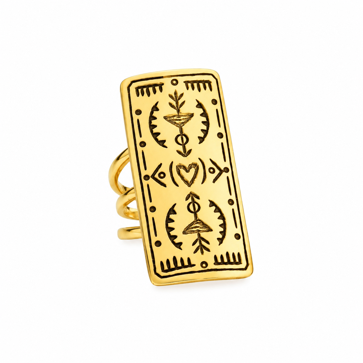 A 14K Gold plated shield ring with intricate stamped arrows and hearts with geometric patterns and a split shank design.