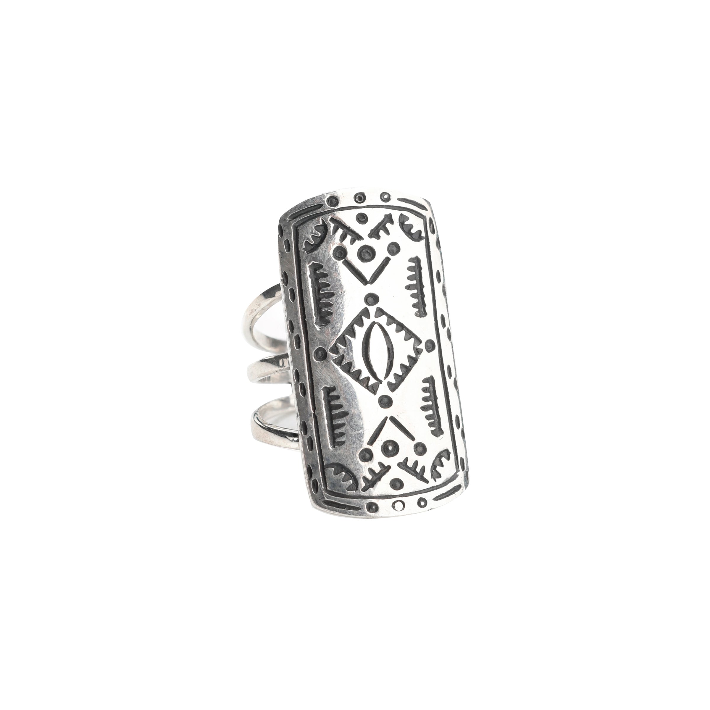 A timeless stamped Sterling Silver shield ring with Southwestern motif detailing