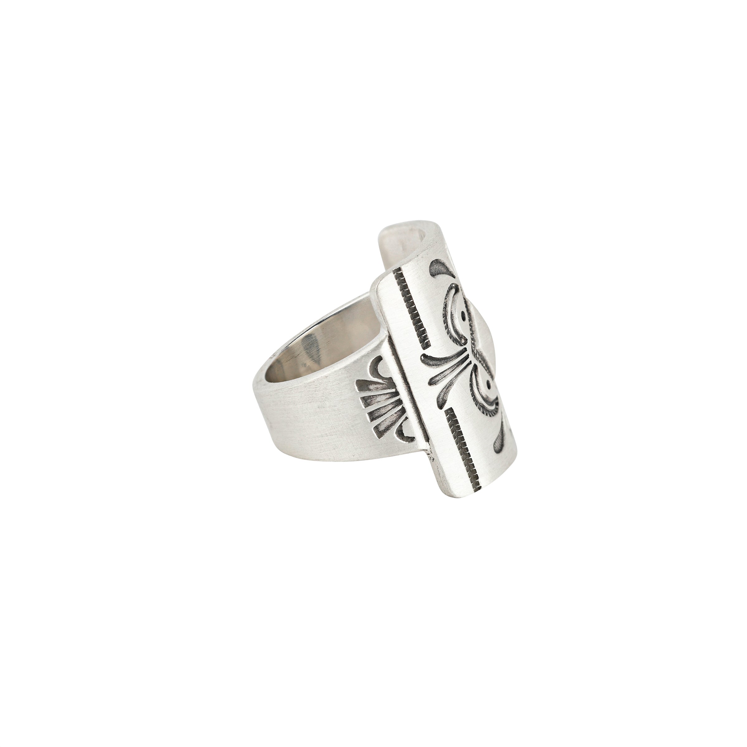 Sterling Silver stamped shield ring handcrafted by Jennifer Curtis