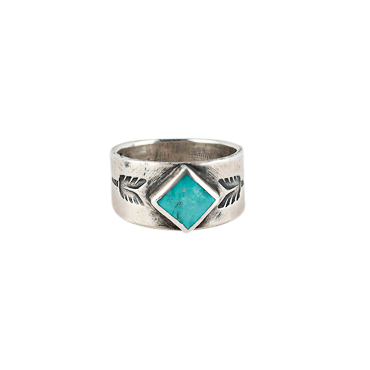 Ingot Coin Silver Ring with a diamond shaped Blue Turquoise as the centerpiece with arrows stamped in the band