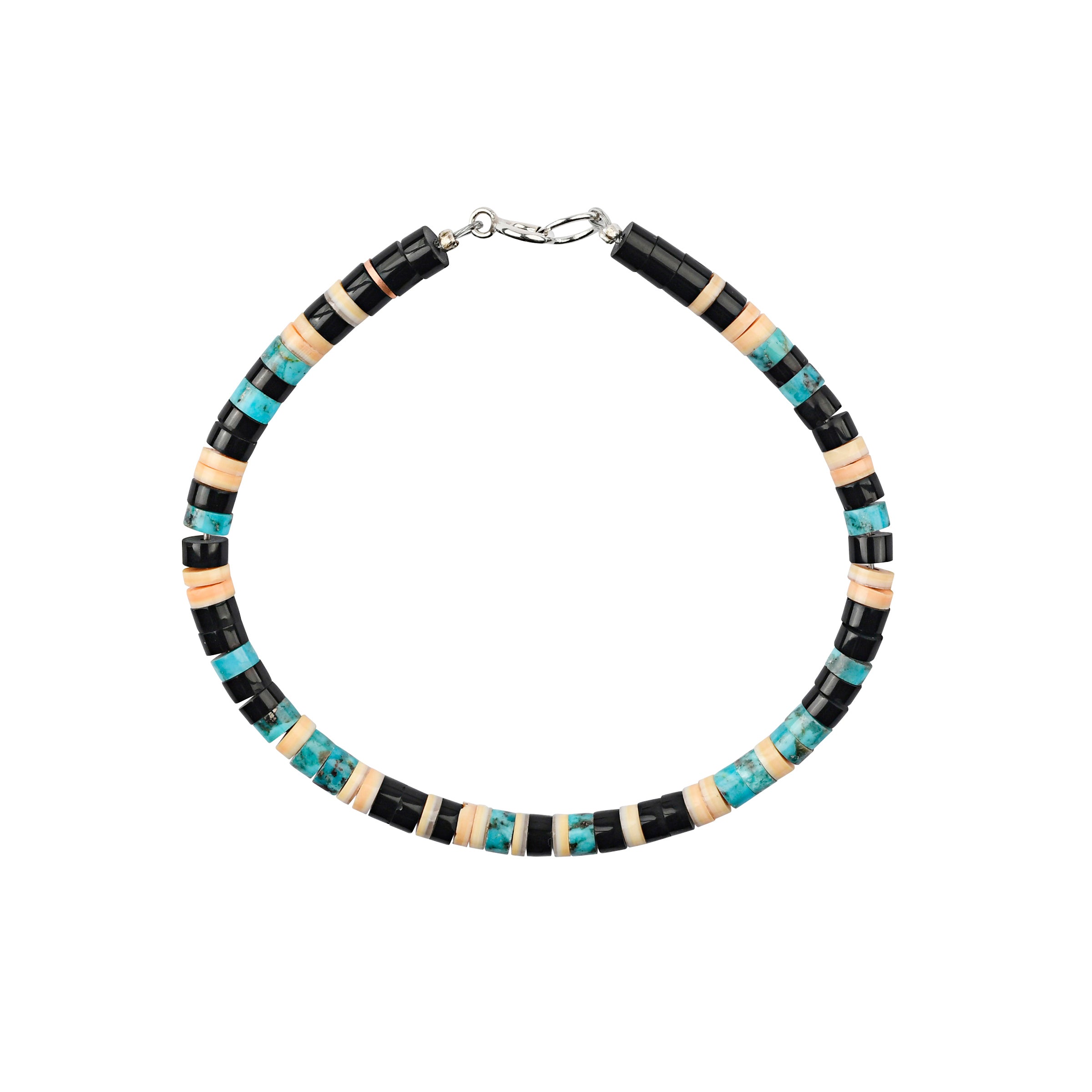 Canyon Shadow bracelet by Calabaza with hand-cut heshi beads comprised of turquoise, jet and melon shell