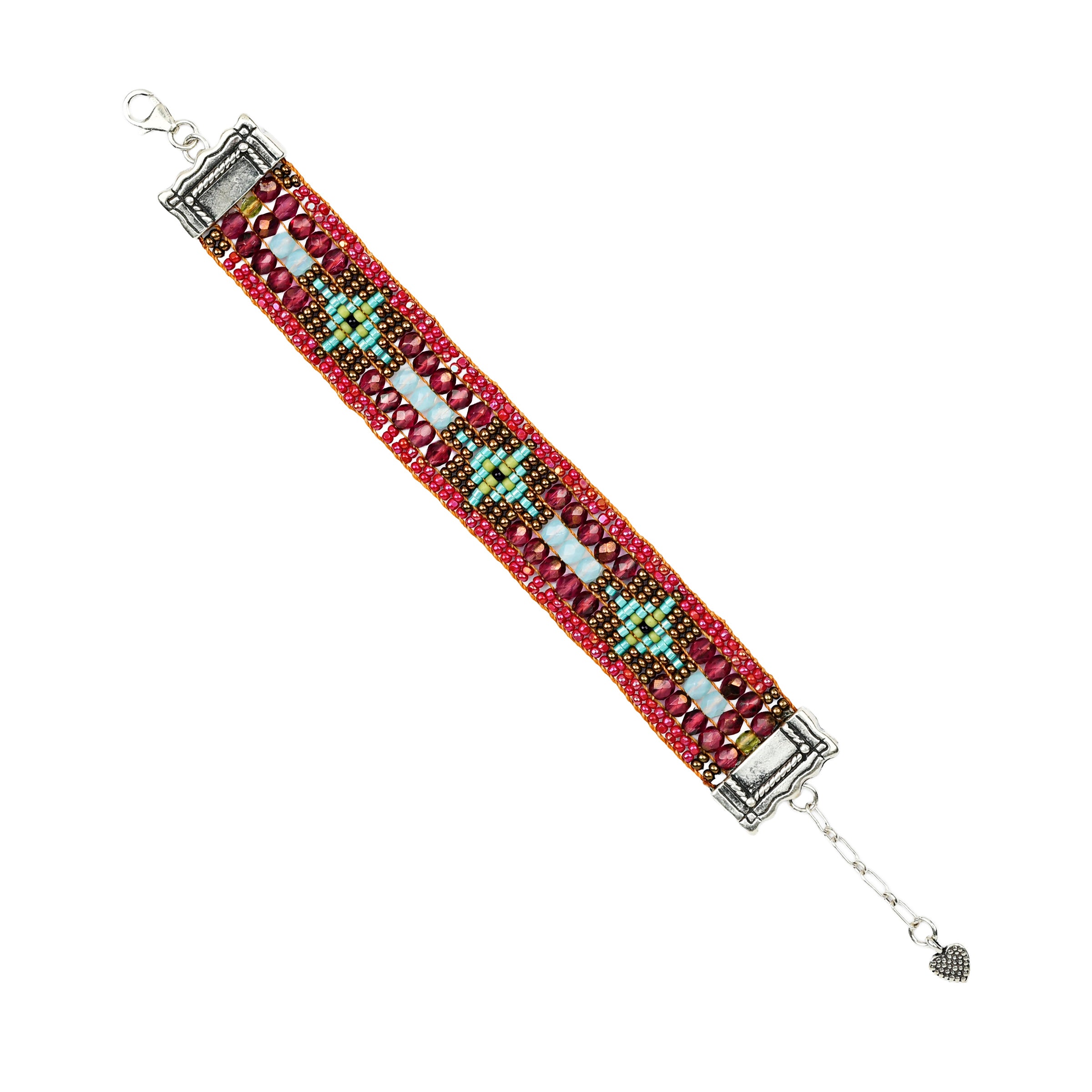 Beaded bracelet in red's with pops of turqupise and green in geometric pattern with sterling silver end caps and lobster claw and extender chain closure.