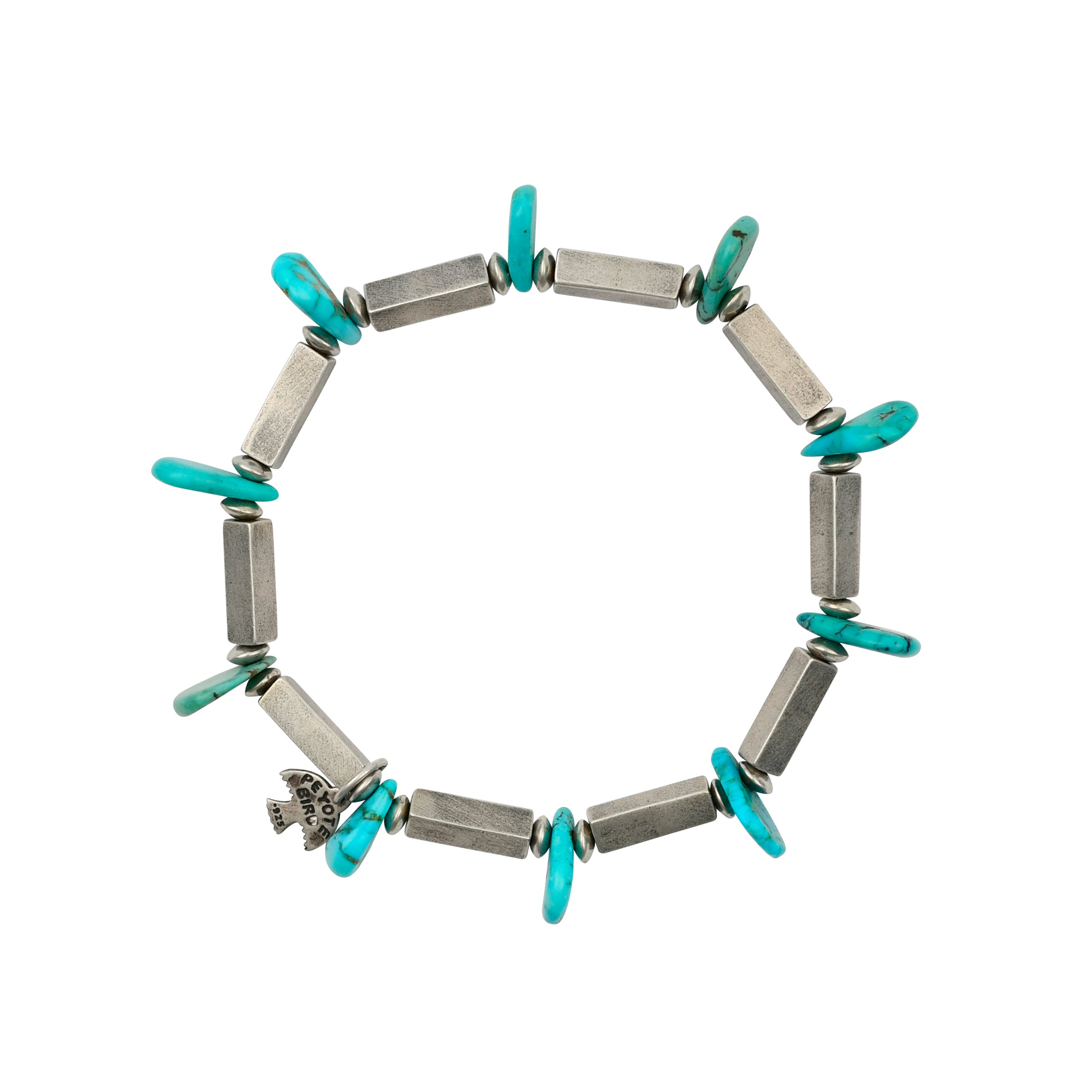 Long tubular sterling silver beads with turquoise tabs throughout on this stretch bracelet.