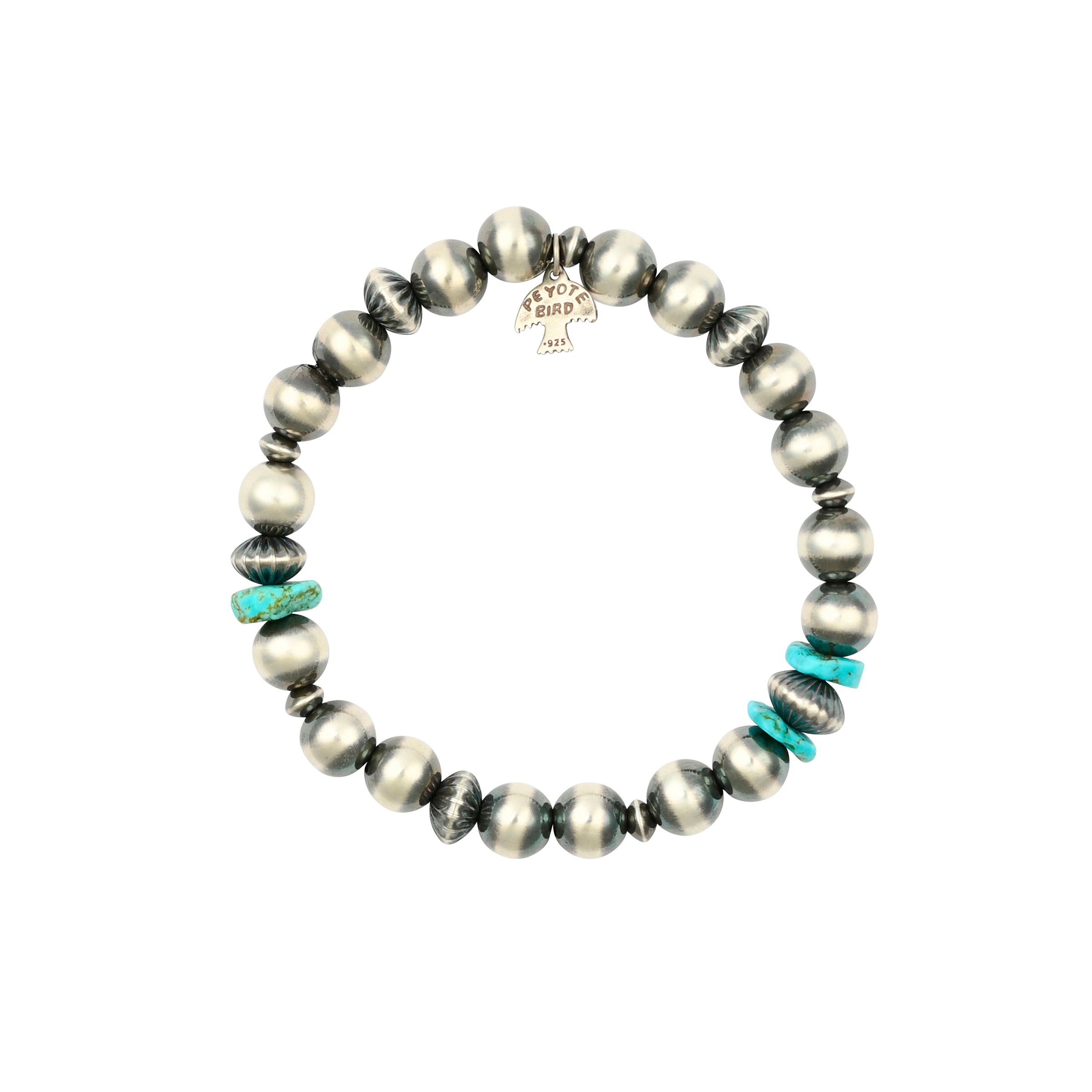 Sterling silver beaded stretch bracelet with 3 turquoise beads.