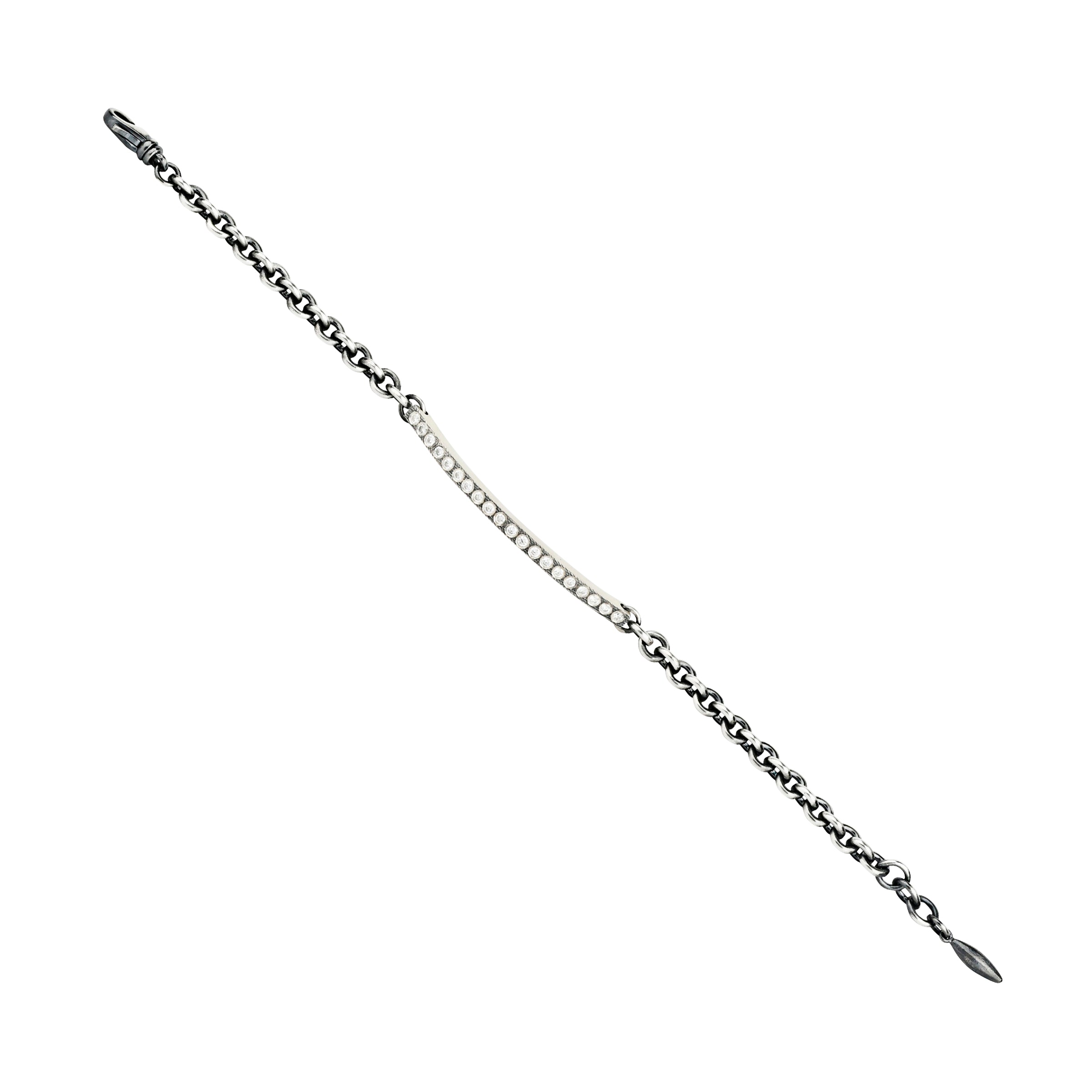 Sterling silver chain link bracelet with lobster claw and long id tag shape with diamonds in center. long view.