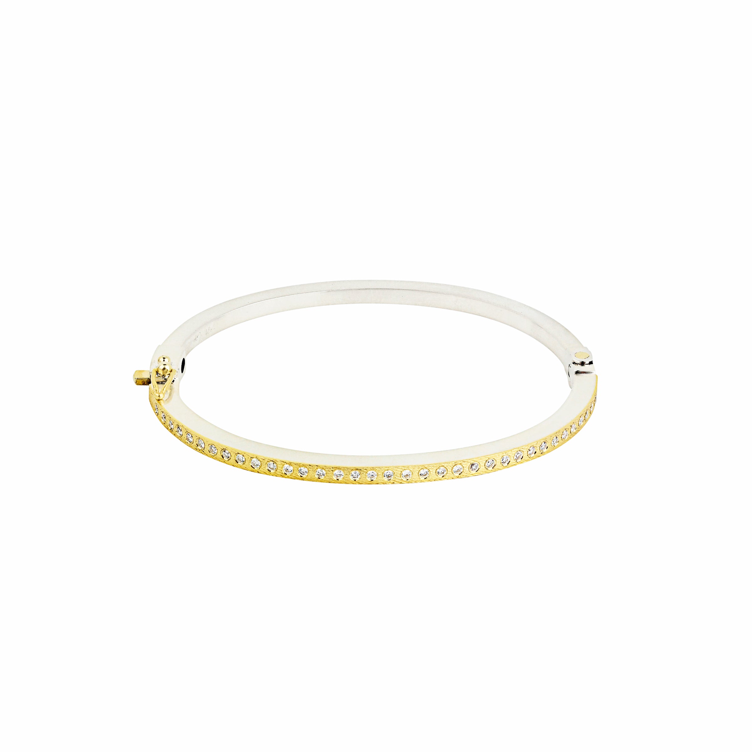 Gold front bangle bracelet with pave diamonds inset with gold hinge.