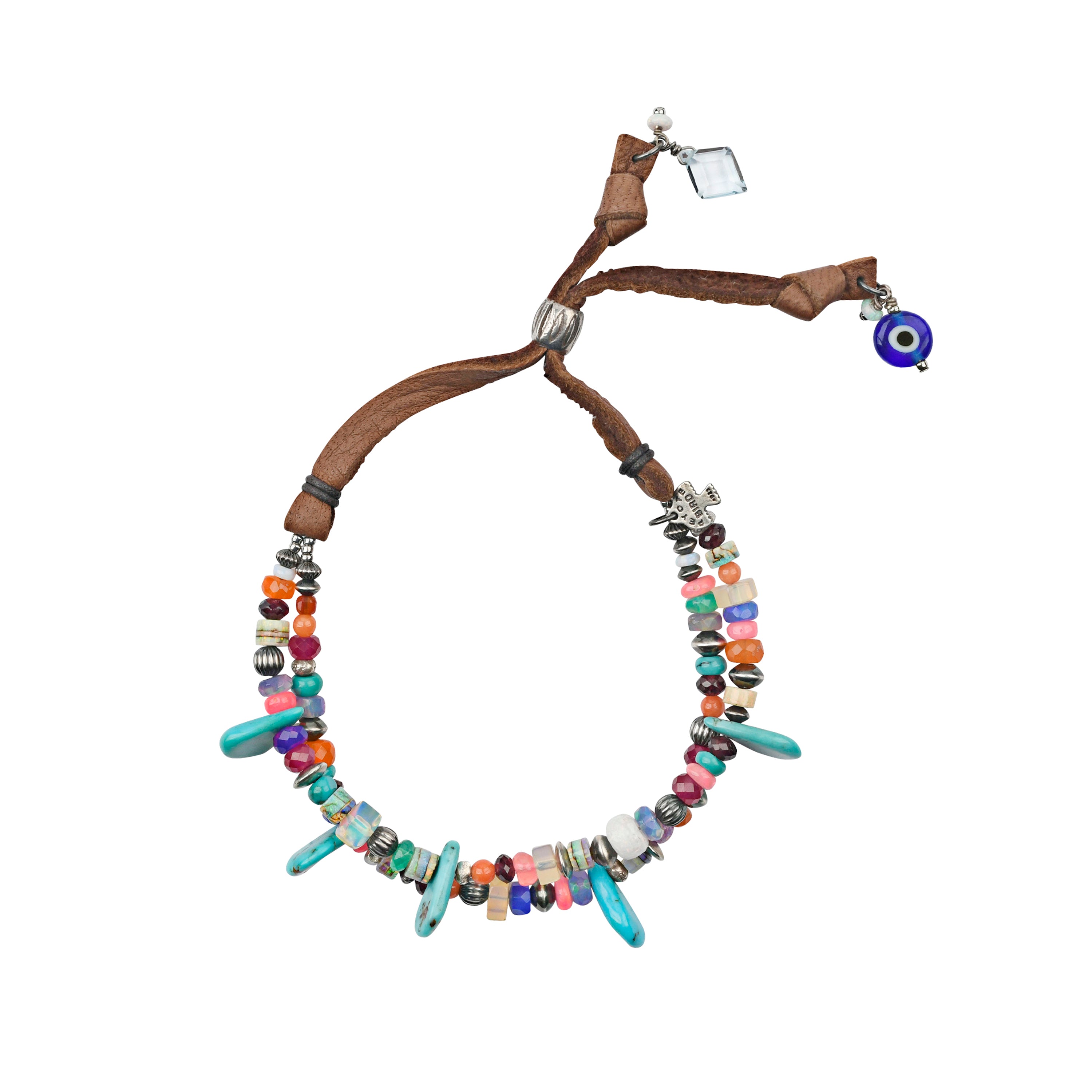 Adjustable multi-strand bracelet with leather, gemstones and evil eye charm.