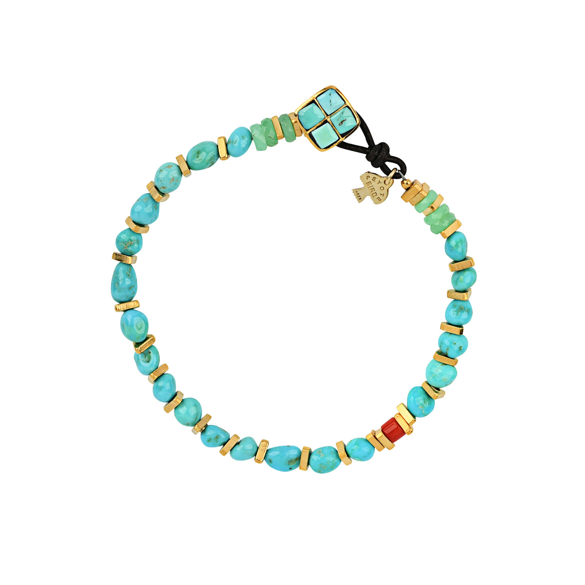 Sonoran Gold Turquoise beaded bracelet with gold-plated accents and a leather toggle clasp.