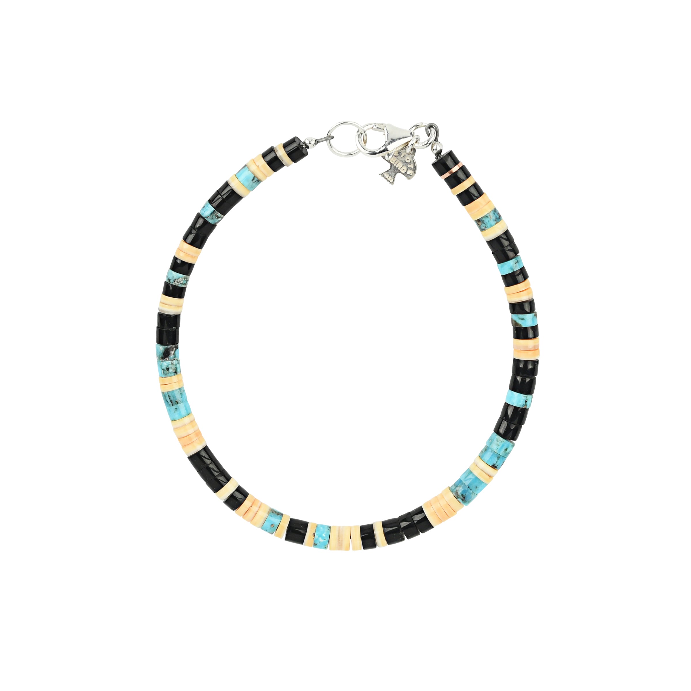 Calabaza hand-cut and hand-strung heishi bead bracelet with turquoise, jet, white clam shell and sterling silver