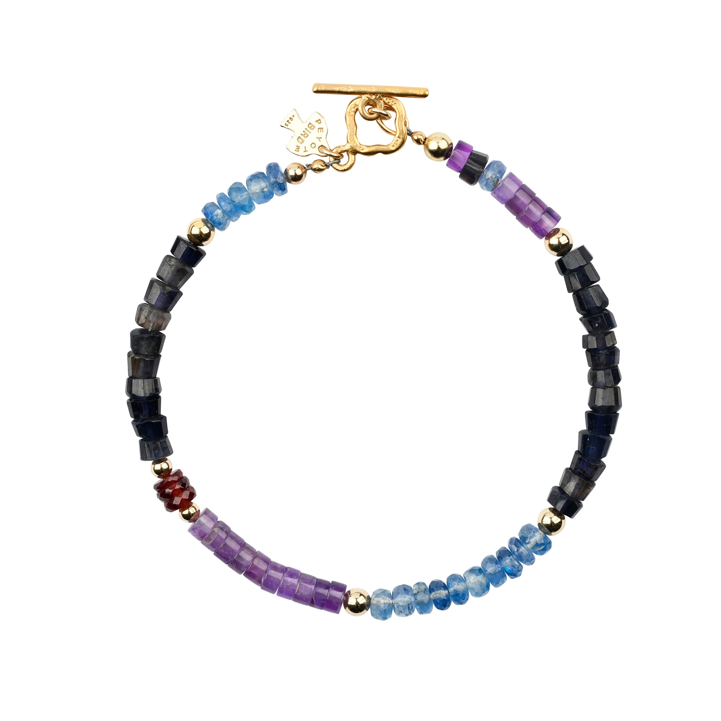 Beaded bracelet in blacks, blues, and purples with old pops and gold tone toggle closure.