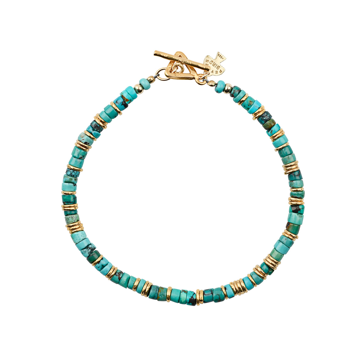 Blue and Green Turquoise beaded bracelet with gold-plated accents and a toggle closure.