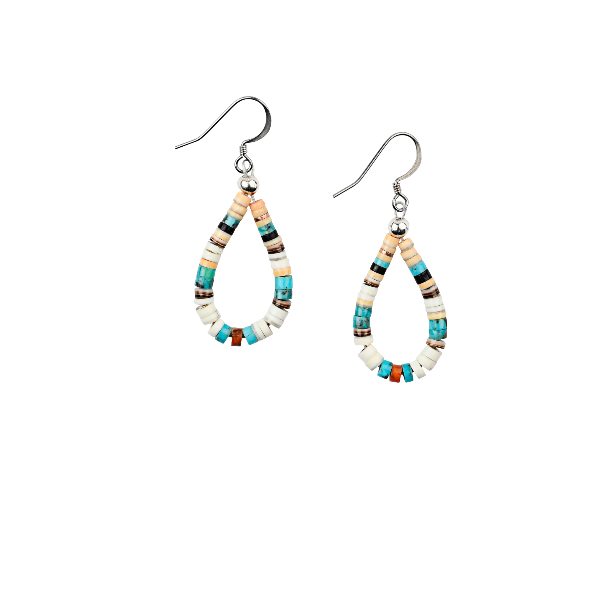 Calabaza Horizon Hoop Earrings are hand-cut heishi beads of turquoise, white clam shell and pipestone