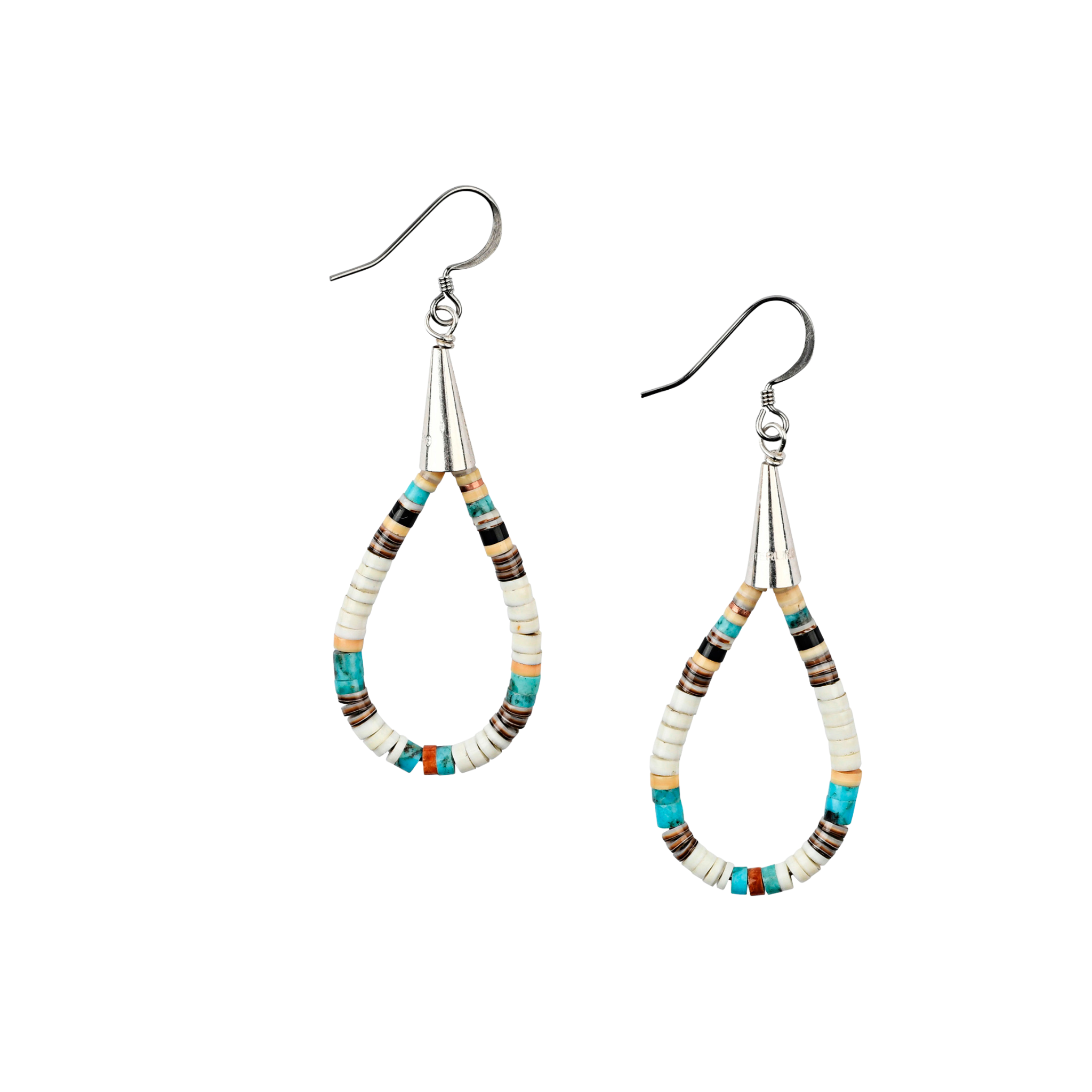 Calabaza Horizon Hoop Earrings are hand-cut heishi beads of turquoise, white clam shell and pipestone