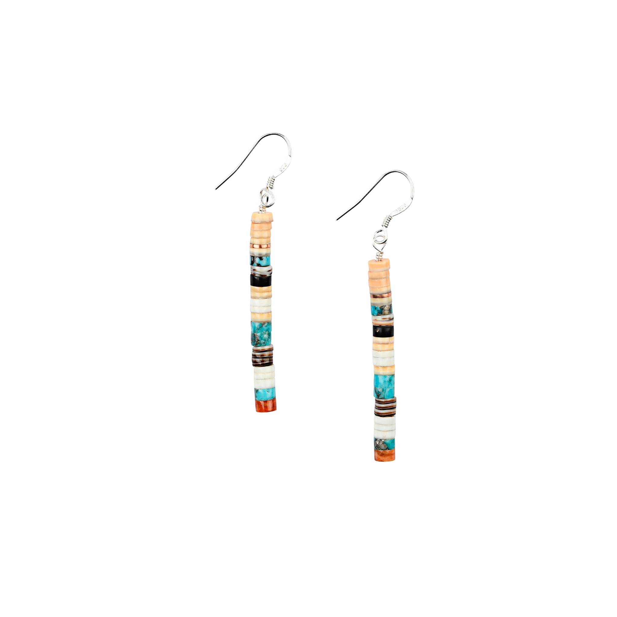 Calabaza Horizon drop earrings hand-cut heishi beads of turquoise, shell, jet and pipestone