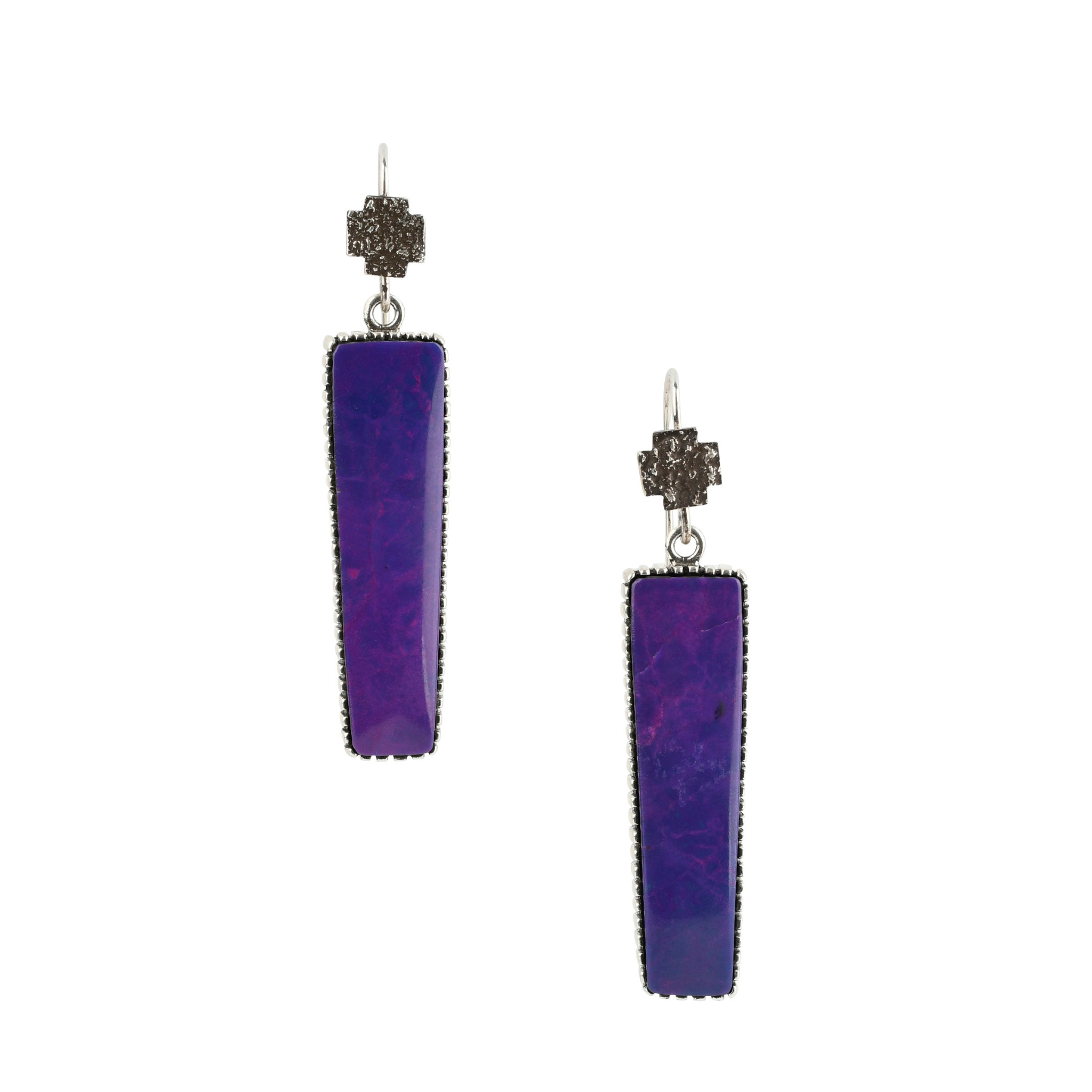 Sugalite drop earrings with cross toppers on sterling silver ear wires.
