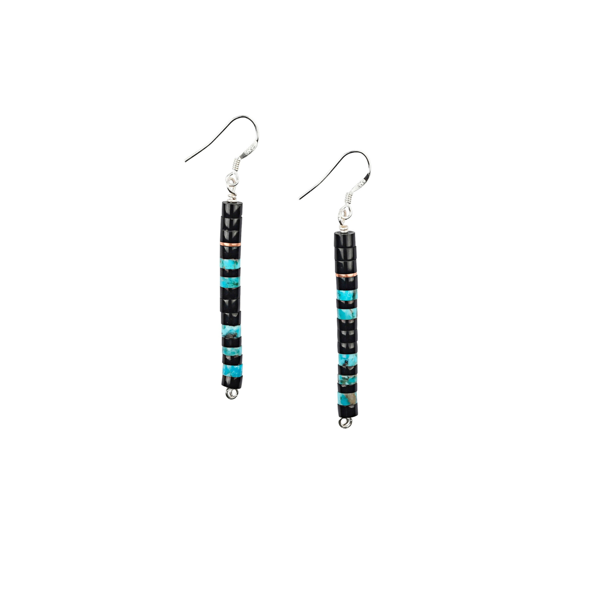 Calabaza Black Mesa Drop earrings are hand-cute heishi beads of jet, melon shell and turquoise
