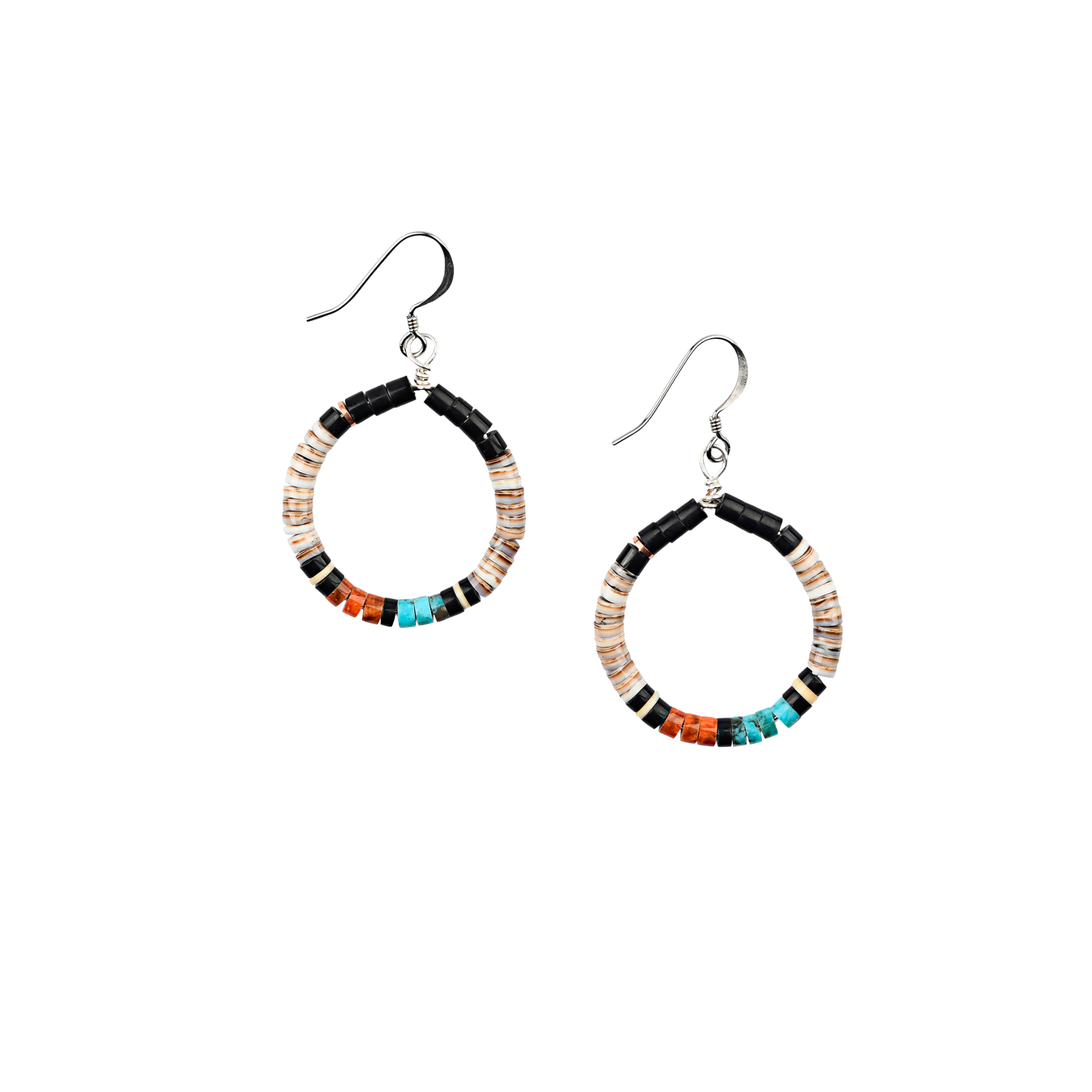 Calabaza hoop earrings with hand-cut heishi beads comprised of turquoise, jet, brownl lip shell, melon shell, and pipestone