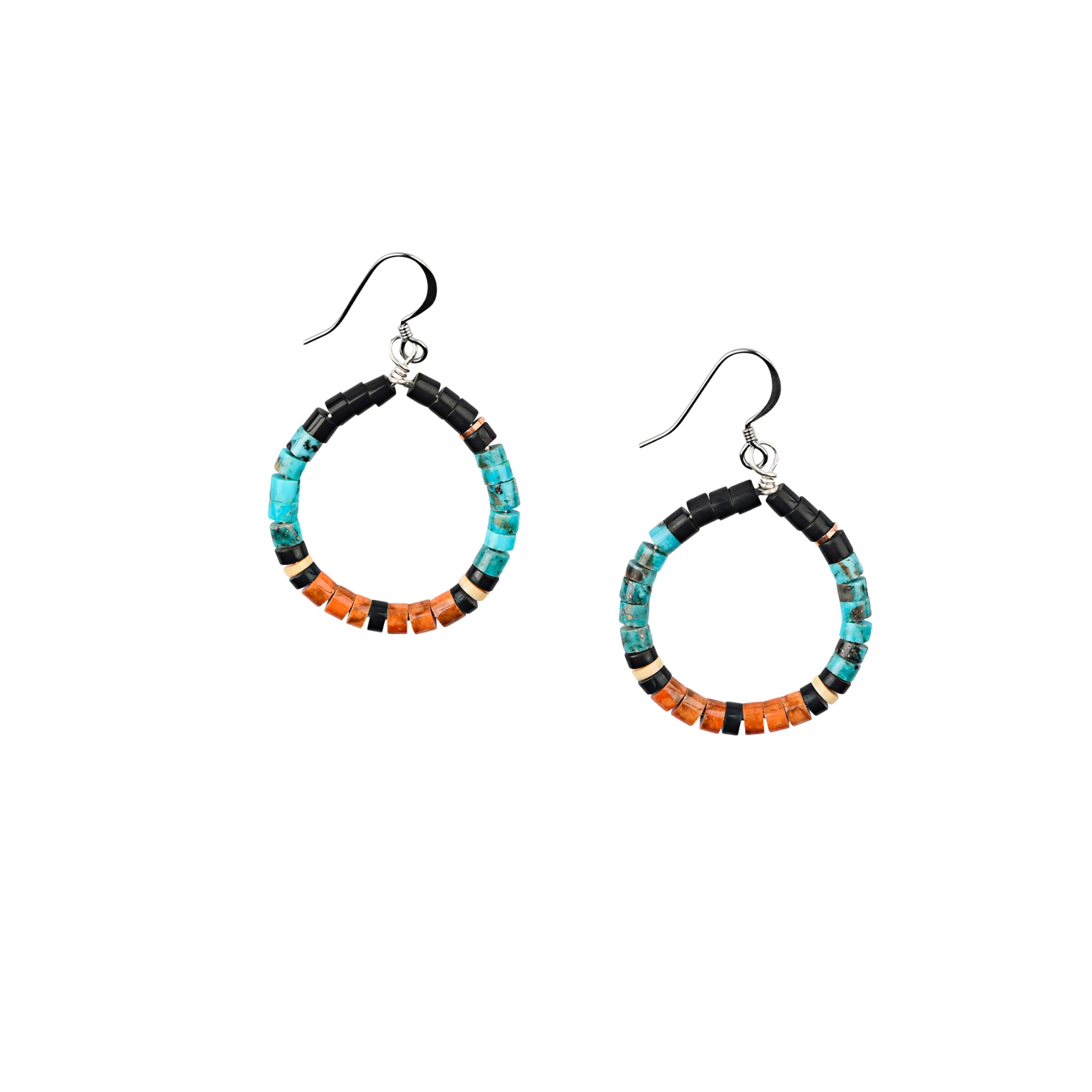 Calabaza earrings hand-cut heishi beads comprised of turquoise, jet, melon shell and pipestone