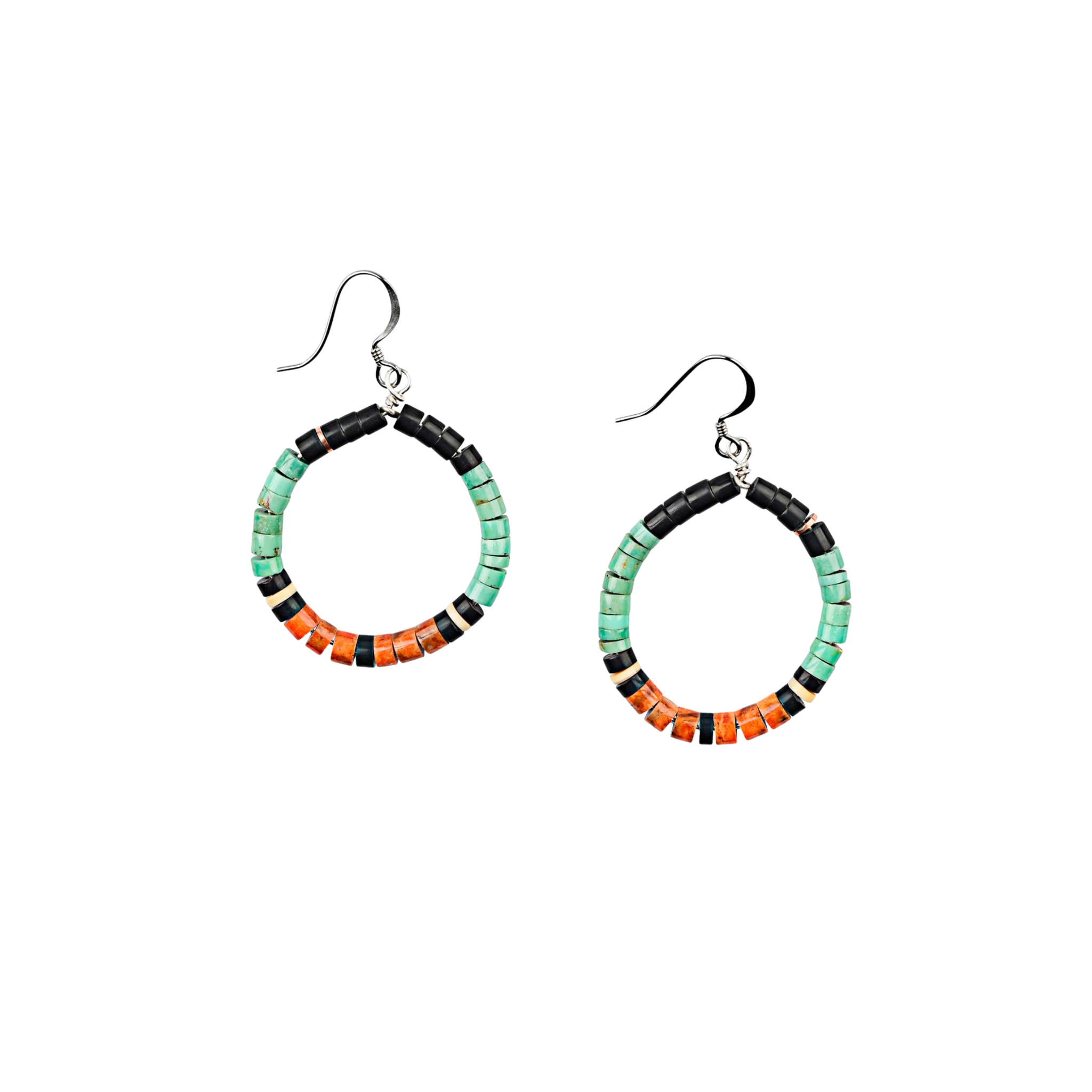Calabaza hoop earrings with hand-cut heishi beads comprised of green turquoise, jet, melon shell and pipestone