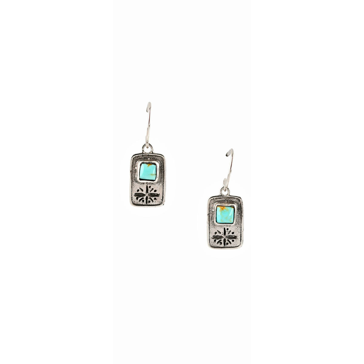 A pair of sterling silver rectangular drop earrings with a small square turquoise-blue inlay at the top and decorative stamping at the bottom.